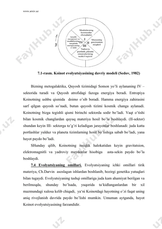 mkin emas. bundan tashqari, fazo vaqtdan, vaqt fazodan tashqarida mavjud emas. shuning uchun klassik fizikada fazo va vaqtni birlashtiruvchi substantsiya harakatdir; darhaqiqat, har qanday jismning harakatini koordinatalarda ifodalash mumkin, «koordina - vaqtning bosib o’tgan yo’li» degan ma‘noni anglatadi. evolyutsiya – materiyaning fazo va vaqtdagi alohida harakat shaklidir. koinotning uz tuzilishi asosiga kura sodda, moddiy fazoda bir jinsli va izotropli xisoblanadi. blez paskal (1623-1662) dunyoning bu aylanasi bulib uning, markazi hamma joyda, aylanasini hech qaerda topa olmaysiz deb aytgan edi. koinotning vaqtinchalik xususiyatlarini hisobga olib, mutlaqo statik emas, balki dinamik va rivojlanib boruvchi ekanligi ma‘lum bo’ldi. fazoning uch o’lchamligi va vaqtning bir o’lchamligi - haqiqiy dunyoning muhim xususiyatlaridan biridir. fizik-nazariyotchi p.erenfest xx asrning 20 - yillarida fazoning uch o’lchamligi - bu dunyoning mavjud bo’lishi uchun muhim ekanligini ta‘kidlagan edi. agar fazoviy o’zgaruvchanlik uchta emas, to’rtta bo’lganda planeta orbitasi yopiq bo’lmas edi, quyosh sistemasi xam bo’lmas edi. xuddi shunday fizik nazariyotchilar va …