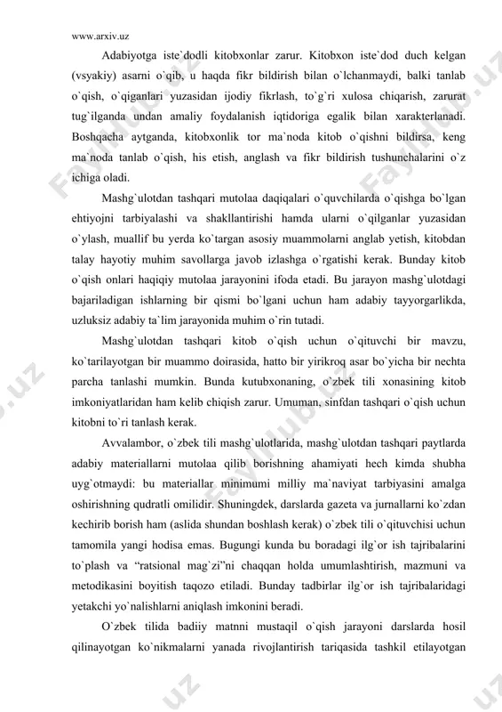 adagi ilg`or ish tajribalarini to`plash va “ratsional mag`zi”ni chaqqan holda umumlashtirish, mazmuni va metodikasini boyitish taqozo etiladi. bunday tadbirlar ilg`or ish tajribalaridagi yetakchi yo`nalishlarni aniqlash imkonini beradi. o`zbek tilida badiiy matnni mustaqil o`qish jarayoni darslarda hosil qilinayotgan ko`nikmalarni yanada rivojlantirish tariqasida tashkil etilayotgan bo`lsa-da, bundagi eng katta kamchilik shundaki, bunday mutolaa jarayoniga o`qituvchining tom ma`noda rahbarligi ko`rinmayapti. zero, o`qituvchi bu borada aniq yo`l-yo`riqlarga ega ham emas. aslida, dars(mashg`ulot)dan tashqari o`qishdan ko`zda tutilgan maqsadga ana shu rahbarlik orqaligina erishish mumkin. shundagina mo`ljaldagi ish turlari mukammal ro`yobga chiqariladi. o`zbek tili darsida o`qituvchi mustaqil o`qishni bo`sh o`tirgan o`quvchilarni nima bilandir mashg`ul qilish niyatida tashkil etadi. lekin bunday o`qish natijalari, nazorat usullari haqida ularga hech narsa demaydi, ko`p vaqt bu ishni amalga oshirmaydi ham. shu bois o`quvchilarning asarni o`qib chiqqanliklari bilan kifoyalanadi, xolos. ta`lim rus tilida olib boriladigan maktablar, akademik litseylar va kasb-hunar kollejlari o`quvchi(talaba)larida o`zbek tilida kitobxonlik ko`nikmalarini hosil qilish adabiy tayyorgarlikning uzviy …