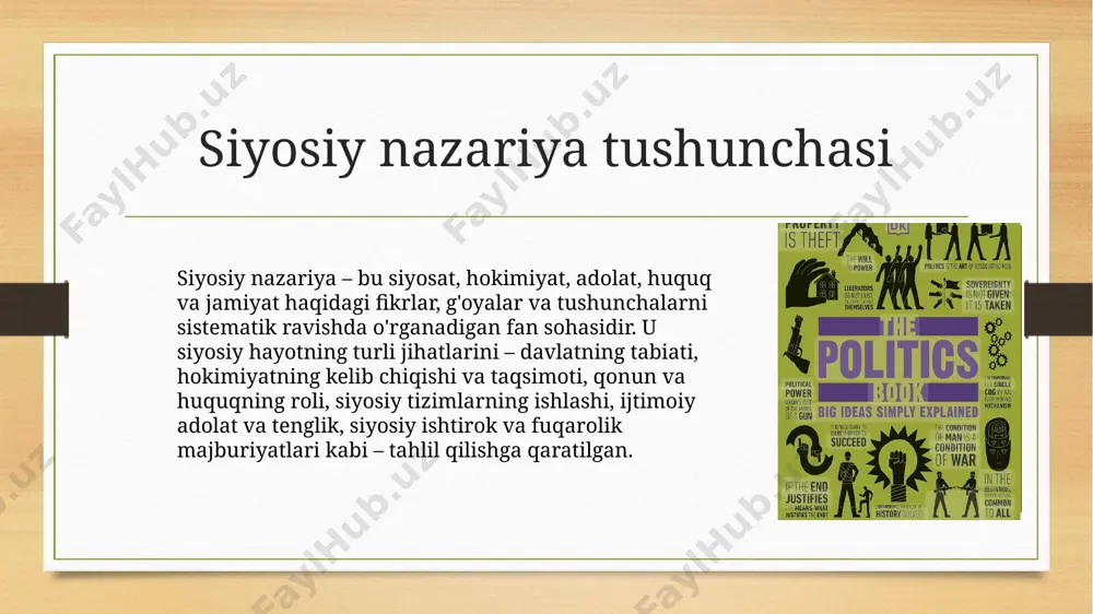 yondashuvni o‘z ichiga oladi. bu qarashlar siyosiy nazariyada "makiavellizm" degan terminning paydo bo‘lishiga sabab bo‘lgan. 5 makiavelliga ko’ra ideal hokimiyat shakli makiavellining yondashuvi: pragmatik realizm makiavelli ideal boshqaruv shaklini tanlashda vaziyatga qarab qaror qabul qilishni taklif qiladi. davlatning maqsadi: adolat yoki axloqiylik emas, balki hokimiyatni saqlash va jamiyatni boshqarishdir. vaziyatga moslashish: hokimiyat shakli davlatning ahvoli, xalqning holati va tashqi tahdidlarga qarab o‘zgarishi mumkin. axloqdan ko‘ra zarurat ustuvor: unga ko‘ra, siyosatni boshqarishda samaradorlik axloqdan ko‘ra muhimroqdir. jan boden jan boden hokimiyatning mustahkam va barqaror bo‘lishi uchun suverenitet g‘oyasini ilgari surgan. uning nazariyasi davlatning ichki va tashqi mustaqilligi, qonun ustuvorligi va markazlashgan boshqaruv zarurligini asoslab bergan. bodenning qarashlari yevropada zamonaviy milliy davlatlar shakllanishiga, ayniqsa, fransiyadagi monarxiyaning rivojlanishiga katta ta’sir ko‘rsatgan. jan boden davlat boshqaruv shakllari davlatning turlari va hukmronlik shakllari boden davlatni boshqaruv shakliga qarab uch asosiy turga ajratadi: monarxiya: hokimiyat yagona shaxs qo‘lida bo‘ladi. boden bu shaklni eng samarali deb hisoblagan. …