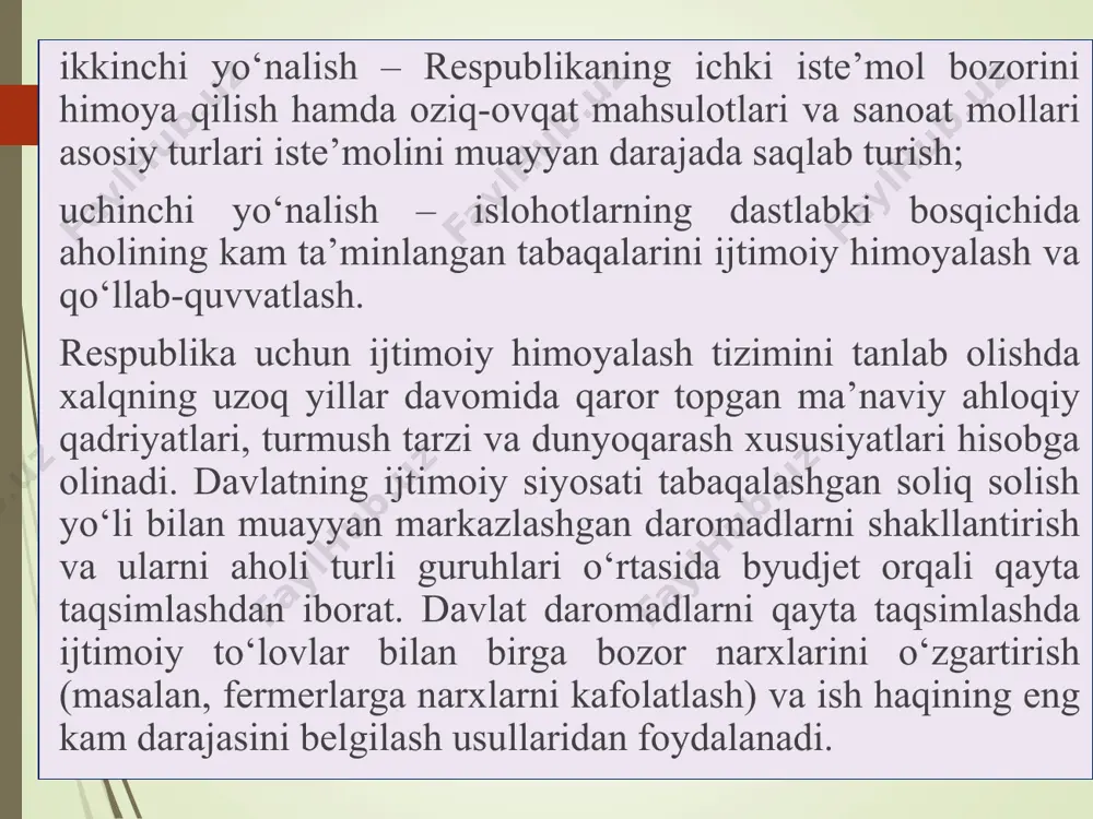 berildi. natijada 2009 yilning 1 yanvarigacha shaxsiy yordamchi va dehqon xo‘jaliklarida qoramol boquvchi sifatida ro‘yxatga olingan fuqarolarning umumiy soni 1 million 100 mingdan ko‘proqni tashkil etdi. shulardan 54 ming kishiga yangi mehnat daftarchasi berildi, 111 ming fuqaroning esa mavjud mehnat daftarchasiga ish staji tegishli tartibda qayd etildi». yalpi ijtimoiy himoyalash tizimidan ishonchli ijtimoiy kafolatlar va aholini ijtimoiy qo‘llab-quvvatlash tizimiga izchillik bilan o‘tish – ijtimoiy siyosatni amalga oshirishga, ijtimoiy himoya vositasini kuchaytirishda sifat jihatdan yangi bosqich boshlashini bildiradi. yangilangan ijtimoiy siyosat adolat tamoyillariga izchillik bilan rioya qilishga asoslanib, ijtimoiy ko‘maklashishning mavjud usullarini va pul bilan ta’minlash manbalarini tubdan o‘zgartirishni taqozo qiladi. bu siyosat ijtimoiy himoya aniq maqsadi va aholining aniq tabaqalarini qamrab olishni ko‘zda tutadi. yordam tizimi faqat kam ta’minlangan va mehnatga layoqatsiz fuqarolarga nisbatan qo‘llanilib, shu maqsad uchun davlat manbalari bilan bir qatorda mehnat jamoalari, turli tashkilot hamda jamg‘armalarning mablag‘laridan ham foydalaniladi ijtimoiy ko’maklashishning yangi tizimida bolalar va kam daromadli …
