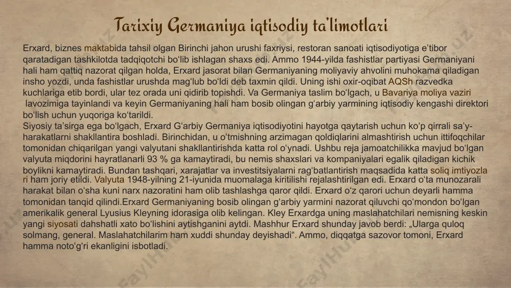 b ataladi. kapitalistik tuzumdagi keskin raqobat va monopoliyaga qaramay, iqtisodiy sanktsiyalar va huquqiy tartibga solish uni oldini olishga harakat qilmoqda. kartel idorasi har doim bu masala bo'yicha oxirgi so'zni aytadi. davlat ish beruvchi va xodim o'rtasidagi mehnat shartnomalariga aralashmaydi. u ishchilarning ish tashlashlarini kasaba uyushma huquqi deb biladi. ishchilarni olib tashlash noqonuniy hisoblanadi. har ikki tomon bir yilda bir marta filial va hududlarga ko‘ra dasturxon atrofida o‘tirib, bir qarorga kelishga harakat qiladi. mamlakatda ish vaqti haftasiga 34 dan 40 soatgacha. ijtimoiy huquqlar juda yaxshi va keng bo'lsa-da, global raqobat tufayli ular qisqartirildi. germaniya hududiy-birligi “germaniya dunyoning rivojlangan mamlakatlari qatorida boʻlib, ulkan savdo-iqtisodiy resurslar, keng investitsion salohiyat va ilgʻor texnologik ishlanmalarga ega davlat hisoblanadi” —eldor tulyakov e’tiboringiz uchun raxmat! f.i.o credits: this presentation template was created by slidesgo, and includes icons by flaticon, and infographics & images by freepik image3.png image4.png image5.png image6.png image7.jpg image8.png image9.jpg image10.png image1.png