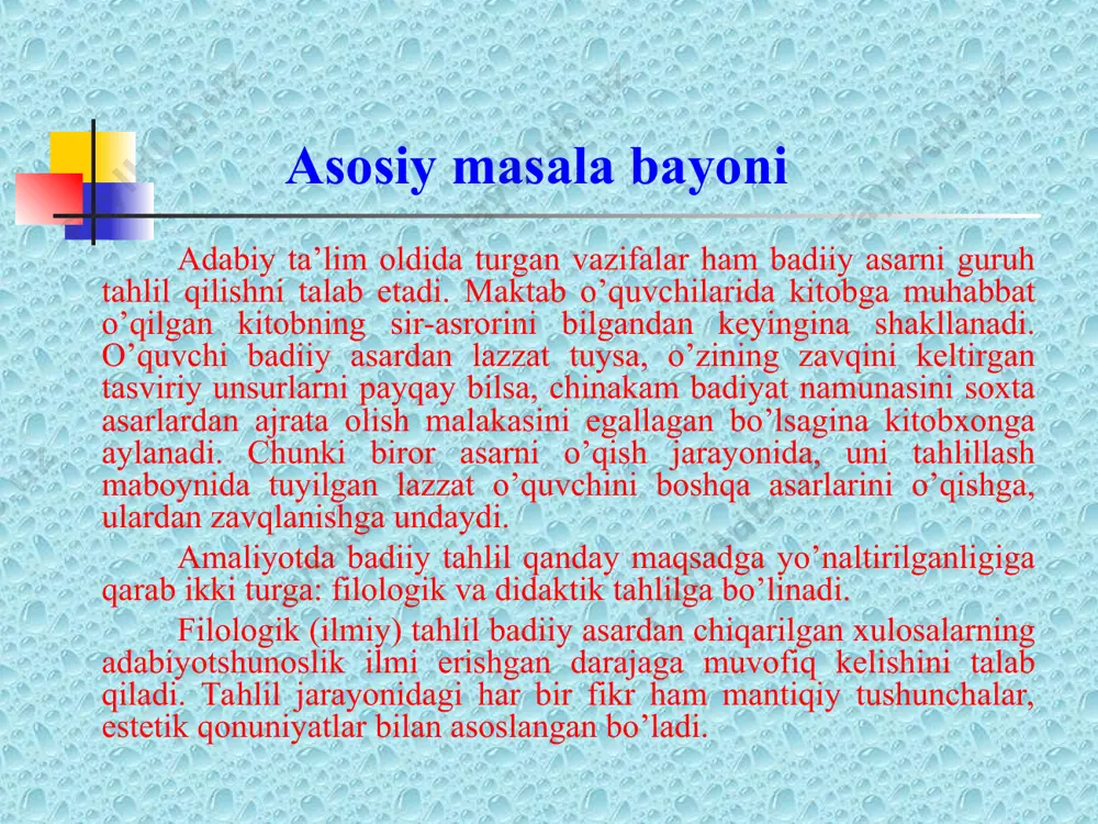 vvur qilasiz? o`quvchilardan kutilmagan qiziqarli javoblar chiqishi mumkin. muhimi, ular fikrlaydilar. yakuniy qism: o`qituvchi darsdan olgan xulosalarini aytadi. o`quvchilarning xarakatlarini baholaydi. 3-minut. uyga vazifa: har bir qahramonning tashqi qiyofasi tasvirlangan o`rinlarni yozib kelish. adabiyotlar ro’yxati: 1. q.yo’ldoshev, «adabiyot o’qitishning ilmiy-nazariy asoslari» toshkent-«o’qituvchi» 1996-yil. 2. «adabiyot o’qitish metodikasi» tashkent. o’qituvchi-1991-yil. 3. qunduzxon husanboeva «maktab ta’limida uy vazifalari» tashkent 2001-yil. 4. q.yo’ldoshev «2-sinf o’zbek adabiyoti darsligi» toshkent 2005-yil. 5. eshboeva feruza «pedagogik mahorat soxibasi» guliston 2009-yil.