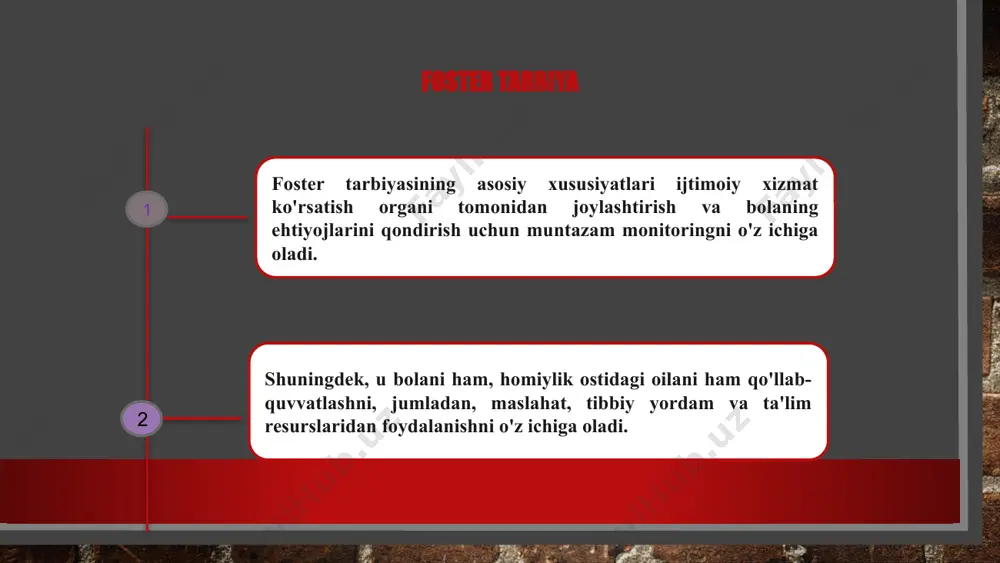 rishda muhim ahamiyatga ega. 1 2 3 1.e.x.zaitov., g’.o’. xolmurodov. ota-ona qaramog‘isiz qolgan bolalar bilan ijtimoiy ish amaliyoti. [darslik]. —toshkent: “grand kondor print”, 2024. − 280 b 2-https://elar.rsvpu.ru/bitstream/123456789/22186/1/rsvpu_2017_495.pdf 3-https://lib.rosdiplom.ru/library/prosmotr.aspx?id=498231 4. https://www.stud24.ru/civil-law/priemnaya-semya/464159-1758810-page1.htm foydalanilgan adabiyotlar e'tiboringiz uchun rahmat image4.jpeg image3.jpg image5.jpeg