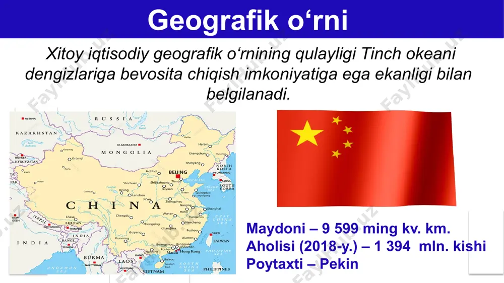 60 % atrofida bo‘lmoqda. bu ko‘rsatkich tez sur’atlar bilan o‘sib bormoqda. mamlakatdagi eng yirik shaharlar qatoriga shanxay, pekin, gonkong, chendu, guanchjou, tyanszin, uxan va boshqalar kiradi. 13 mustaqil bajarish uchun topshiriqlar 1. darslikdagi “xitoy xalq respublikasi” mavzusini o‘qing. 2. mavzu yuzasidan berilgan savollarga javob yozing va xitoy xalq respublikasining geografik o‘rniga izoh bering. 14 image2.jpg image3.gif image4.jpeg image5.jpeg image6.gif image7.jpeg image8.png image9.jpeg image10.png image11.png image12.jpeg image13.jpeg image14.jpeg image15.gif image16.png image17.jpeg image18.jpeg image19.jpeg image20.png image21.png image22.jpeg image23.jpeg image24.jpeg image25.jpeg image26.jpeg