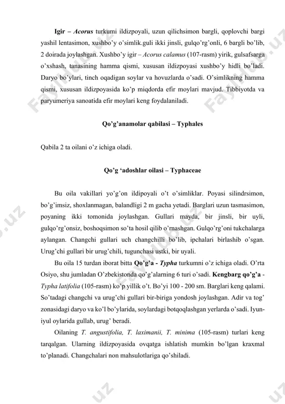 3. жизнь растений i-vi том. москва, 1974-1982. 4. czerepanov s.k. vascular plants of russia adjacent states (the former ussr) cambridge university press, 1995. 516 p. 5. takhtajan a. flowering plants. new york, 2009. 381 p. 6. тадтаджян а. система магнолиофитов. ленинград, изд. “наука”, 1987. 439 с. 7. пратов у., тажетдинова д. “определитель растений средний азии” нинг i-x томларида келтирилган ўсимлик оилалари, туркумларининг лотинча, русча, ва маҳаллий номлари (қўлланма). тошкент, 2010. 35 бет. image1.jpg image2.jpg image3.jpg image4.jpg image5.jpg