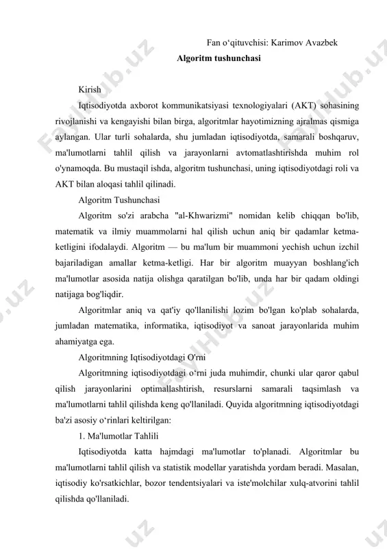 baholash, risklarni hisoblash va strategik rejalashtirish jarayonlarida algoritmik yondashuvlar foydalaniladi. bu jarayonda turli variantlarni taqqoslash va eng maqbulini tanlash imkonini beradi. 3. resurslarni taqsimlash iqtisodiyotda resurslarni samarali taqsimlash muhim ahamiyatga ega. algoritmlar ishlab chiqarish jarayonlarida resurslarni optimal taqsimlash, inventarizatsiyani boshqarish va ta'minot zanjirlarini optimallashtirishda yordam beradi. 4. bozor prognozlari algoritmlar bozor prognozlarini aniqlashda muhim rol o'ynaydi. masalan, narxlar o'zgarishini oldindan ko'rish, talab va taklifni tahlil qilish va iste'molchi xatti-harakatlarini bashorat qilishda foydalaniladi. bu iqtisodiy strategiyalarni ishlab chiqishda yordam beradi. 5. iqtisodiy modellar iqtisodiy modellashda algoritmlar yordamida murakkab iqtisodiy tizimlarni simulyatsiya qilish mumkin. bu iqtisodiy siyosatning ta'sirini baholashda va kelajakdagi iqtisodiy vaziyatlarni taxmin qilishda foydali 6. finans va investitsiyalar moliyaviy bozorlar va investitsiya strategiyalarini ishlab chiqishda algoritmlar muhim ahamiyatga ega. ular aktivlarning narxlarini bashorat qilish va savdo strategiyalarini avtomatlashtirishda qo'llaniladi. 7. kredit va risk boshqaruvi kredit berish jarayonida algoritmlar kredit riskini baholashda va qarz oluvchilarni tasniflashda qo'llaniladi. bu jarayon xatarlarni kamaytirish …