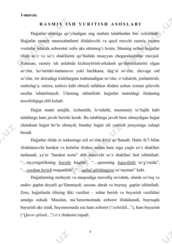 avlat raqami 10s6260 bo‘igan vaz 2107 rusumli yengil avtomobil bilan»; - mantiqiy asoslarni ifodalovchi «shunga ko‘ra», «munosabati bilan», «...ganligi sababli», «...ishi uchun», «oqibatida», «...masligi tufayli», «shu maqsadda», «guvohlik berishicha», «tekshiruv natijasiga binoan» kabi qoliplashgan so‘z birikmalari va h.k. ish qog‘ozlarini qanday yozish kerak? 1. ish qog‘ozlari, odatda siyohli, sharikli ruchkada (ko‘k, qora, gunafsharang sterjen bilan) aniq dastxat bilan yoziladi. ariza, tarjimayi hol, bildirgi (raport) kompyuterda yozilmay, faqat qo‘l bilan yoziladi. dalolatnoma (akt), bayonnoma, hisobot kabi hujjatlar kompyuterda terilishi mumkin. 2. hujjatlarda o‘chirish yoki tuzatishga yo‘l qo‘yilmaydi. 3. ish qog‘ozlarining har bir turi umum qabul qilingan shaklda va muayyan izchillikda tuziladi. 4. hujjat matni qisqa, ravon, aniq va mantiqli (ortiqcha so‘z va iborasiz) bayon qilinishi kerak. hujjat tili juda lo‘nda bo‘lishi lozim. ish qog‘ozlarida biror shaxsga murojaat etilganda “siz ” olmoshi (shuningdek, uning turlangan shakllari - “sizga”, “sizning”,”sizdan ” va sh.k) bosh harf bilan yoziladi. 5. son, odatda, raqam bilan yoziladi. …