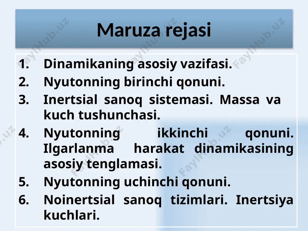 lanishi, ta’sir etuvchi kuch yo‘nalishiga mos kelib, shu kuchni moddiy nuqta massasining nisbatiga tengdir: nyutonning ikkinchi qonuni 9 integral ko’rinishdagi nyutonning ikkinchi qonuni nyutonning ikkinchi qonuniga asosan moddiy nuqta impulsining o‘zgarishi moddiy nuqtaga ta’sir etuvchi kuchning impulsiga tengdir. istalgan vaqt momentida jismning olgan tezligi: 10 11 ньютоннинг учинчи қонуни moddiy nuqta yoki jismlarning bir-biriga ta’siri, o‘zaro ta’sir kuchlar xarakteriga ega, bu kuchlar moduli bo‘yicha teng bo‘lib, bir-biriga qarama-qarshi yo‘nalgandir. 12 ўзаро таъсирлашувчи жисмларнинг марказларини туташтирувчи чизиқ бўйлаб йўналган кучлар марказий кучлар деб аталади. исталган марказий кучлар консерватив ҳисобланади ва марказий кучлар таъсирида бўлган заррачалар потенциал энергияга эга бўладилар. марказий кучлар r f f 13 оғирлик кучи жисмнинг оғирлиги f 14 ишқаланиш кучи — жисм сиртининг ҳолатига боғлиқ бўлган ишқалиш коэффициенти; n — жисм сиртига нормал бўйича йўналган босим кучи. ишқаланиш кучи жисмнинг бошқа жисм сиртида сирпанишига қаршилик кўрсатадиган куч бўлиб, жисмнинг сиртига нормал бўйича берган босим кучига тенгдир. f 15 …