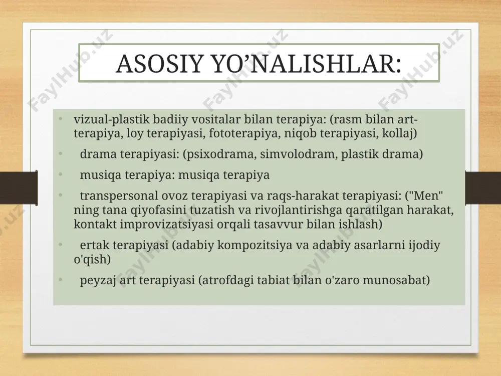 ni olib tashlash. 3. kognitiv psixik jarayonlarning rivojlanishi. 4. bolalarda tengdoshlar bilan shaxslararo munosabatlar va o'qituvchilar bilan mos munosabatlarni o'rnatish uchun zarur bo'lgan ijtimoiy va muloqot qobiliyatlarini rivojlantirish. ta’lim jarayonida art-terapiya vazifalari 5. sinf jamoasining guruh jipsligini rivojlantirish uchun sharoit yaratish, bolaning o'zini yangi ijtimoiy hamjamiyat vakili sifatida qabul qilish. 6. maktabda dezadaptatsiyaning oldini olish. 7. badiiy faoliyatning turli turlari uchun motivatsiyani shakllantirishga hissa qo'shish; 8. bolalarning har bir san’at turining ifodali tili xususiyatlarini o‘zlashtirish bilan bog‘liq tasviriy va ifodali ko‘nikmalarini shakllantirish; 9. ijodiy faoliyatda faol ishtirok etish orqali bolalarning badiiy va kognitiv ehtiyojlarini ta'minlash; 10. jamoada shaxsning moslashish qobiliyatini oshirishga, salbiy xulq-atvor stereotiplarini o'zgartirishga, san'at olamida faol individual va jamoaviy faoliyatga hissa qo'shish. samaradorlik shartlari o'ziga bo'lgan ishonchni oshirish agressiya va tajovuzkorlikning pasayishi da'volar darajasini oshirish (o'z-o'zini hurmat qilish) yaqin qarindoshlar bilan munosabatlarni yaxshilash tengdoshlar bilan munosabatlarni yaxshilash pedagoglar bilan munosabatlarni yaxshilash foydalanilgan manbalar: http://profilib.com/book/55/cover/vladimir-nikitin-art-terapiya-uchebnoe-posobie.jpg http://www.metodkopilka.ru/rabochaya_programma_po_dopolnitelnoy_obrazovateloy_programme__art-terapiya_garmoniya-10515.htm http://www.vashpsixolog.ru/psychodiagnostic-school-psychologist/123-projective tests-of-personality-research/1782-osobennosti-ispolzovaniya-art-terapevticheskix-metodik-v-korrekczionnoj-rabote-pedagoga-psixologa http://alesya.at.ua/index/avtorskaja_rabota_po_art_terapii/0-17 …