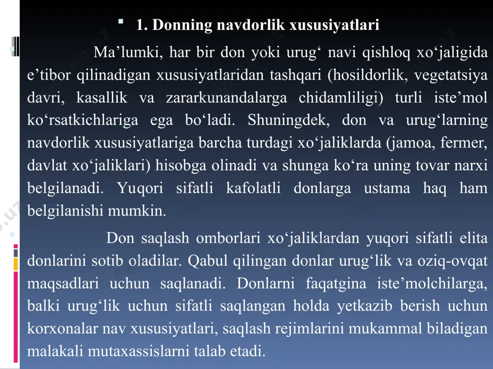 azorat qilinmasa, namiqib va о‘z-о‘zidan qizib ketishi mumkin. bu holat yangi о‘rilgan donni darhol joylashtirish va donni qizib turgan holida joylashtirishlarda ham kuzatiladi. 5. saqlashga qabul qilingan donning sifati va meyorlari sifatli don massasi о‘ziga xos tabiiy rangga, hidga va ta’mga ega bо‘ladi. shu sababli don massasini organoleptik baholash ham muhim ahamiyatga ega. donning organoleptik kо‘rsatkichlari tashqi muhit ta’sirida juda tez о‘zgaradi. donning rangi va о‘ziga xos tovlanishi kun yorug‘ida vizual aniqlanadi. bunda donning rangi standartda ma’lum nav uchun kо‘rsatilgan rangga mos kelishi yoki namuna etalonga taqqoslanib aniqlanadi. donning rangi namligi biroz oshganda ham о‘zgaradi. yaxshi pishmagan va sovuq urgan don ham kо‘kimtir tusga kiradi. donning hidi juda kuchsiz bо‘lib, uning о‘zgarishi kо‘pincha donning buzila boshlaganligidan dalolat beradi. don о‘ziga begona hidlarni tez singdirib oladi. ayniqsa, begona о‘tlar, neft mahsulotlari va tutun hidini о‘ziga tez singdirib oladi. donning hidi butun holda yoki maydalab aniqlanadi. uning hidini yaxshi aniqlash uchun don …