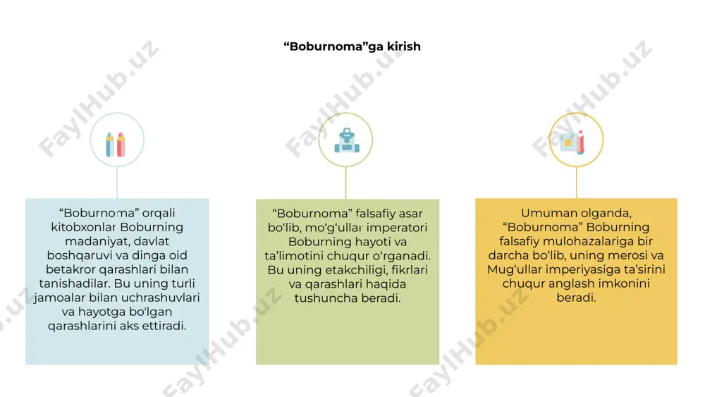 si bilan ko‘pincha boshqa falsafiy asarlarga qiyoslanadi. 1 asosiy taqqoslashlardan biri aflotun va arastu asarlari bilan, chunki “boburnoma”da boshqaruv, axloq va inson tabiati mavzulari yoritilgan. 3 “boburnoma”ning boy madaniy-tarixiy mazmuni uni boshqa falsafiy asarlar bilan qiyoslashni maroqli o‘rganish mavzusiga aylantiradi. boburnomaning yozish uslubi tahlili “boburnoma” falsafiy asarida boburning o‘ziga xos yozuv uslubi namoyon bo‘ladi. uning yorqin tasvir va murakkab metaforalardan foydalanishi o‘quvchilarni o‘ziga tortadi, ularni o‘zi yaratgan dunyoga tortadi. 01 “boburnoma”da inson tabiatining chuqur mushohadasi va mulohazali tadqiqi g‘oyalar va istiqbollarga boy gobelen beradi. boburning yozish uslubi uning aqliy teranligini va insoniy holatni o‘tkir mushohada yuritishini aks ettiradi. 02 boburnomaning yozilish uslubini tahlil qilish orqali uning falsafiy ijodining murakkabligi va go‘zalligini qadrlash mumkin. uning kuch, sevgi va taqdir mavzulariga nozik yondashuvi turli madaniyatlarda o'quvchilar bilan aks sado beradi. 03 boburnomaning falsafaga ta’siri boburning adabiy durdonasi bo‘lmish “boburnoma”da uning hayot, o‘lim va xudo haqidagi falsafiy mulohazalari namoyish etilgan. uning chuqur tushunchalari …