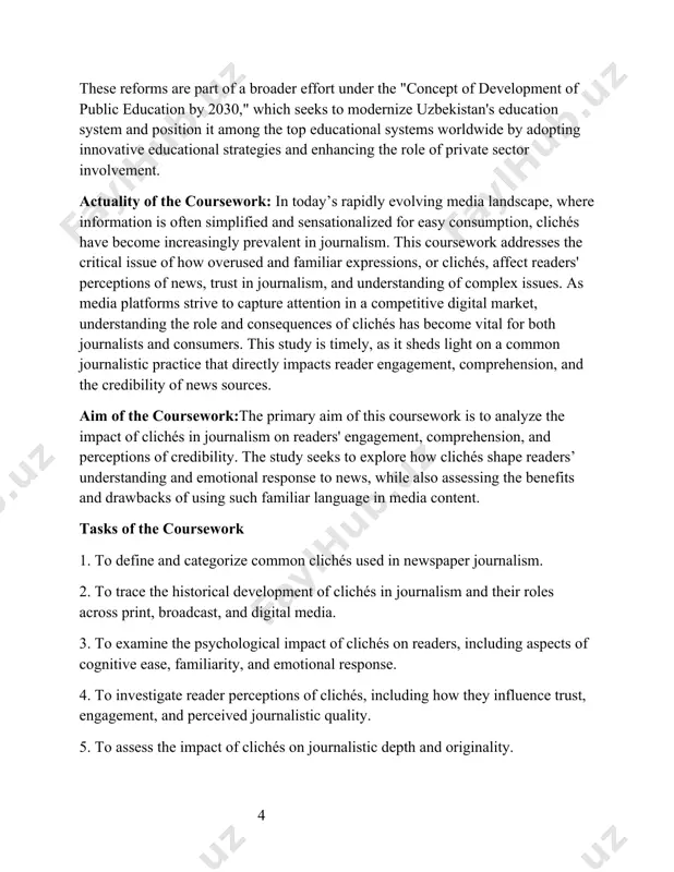 s coursework lies in its contribution to understanding the communicative and psychological effects of language in journalism. by examining clichés through the lenses of framing theory, agenda-setting, and cognitive psychology, this study offers insights into how familiar language affects readers' engagement and biases. it contributes to media studies by providing a theoretical framework for understanding how clichés reinforce cultural narratives, impact credibility, and influence reader interpretations. practical significance of the coursework.the practical significance of this coursework is relevant for journalists, media professionals, and educators. the findings provide practical guidance for journalists on using clichés judiciously to maintain clarity and engagement without sacrificing originality and depth. media educators can use the study to raise awareness among future journalists about the advantages and pitfalls of clichés, promoting better writing practices. additionally, understanding readers’ reactions to clichés can help news outlets create more effective and credible content that appeals to diverse audiences without …