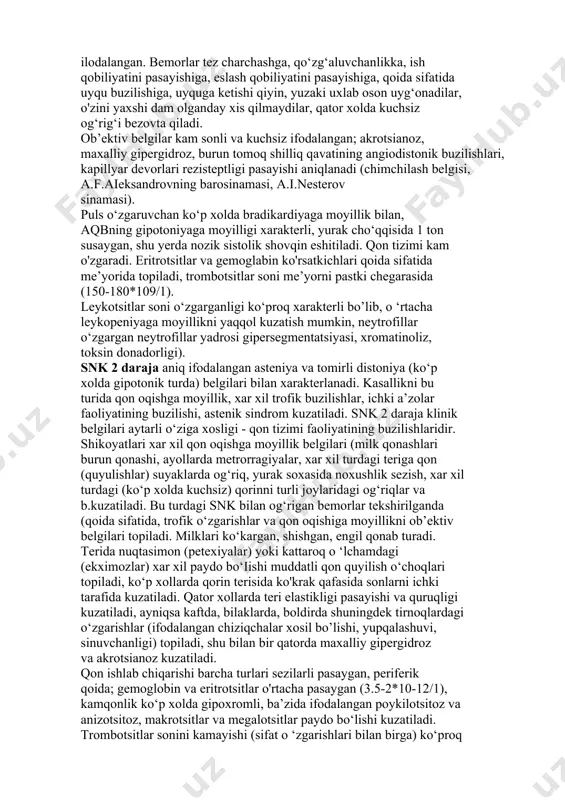 lar va mnsning funksional va morfologik o ‘zgarishlari bilan birga aniqlash katta darajada xarakterli va o‘ziga xos xususiyatidir. 3. hushdan ketishda shoshilinch terapevtik yordam ko’rsatish. avvalo yordam ko’rsatuvchi malakali tibbiyot hodimi hushdan ketishni klinik o’limdan ajratmog’i zarur. shuni yodda tutish kerakki, bemor hushidan ketganda erkin o’zi nafas ola oladi va yurak urishi saqlangan holda bo’ladi birinchi yordam: 1. bemor gorizontal holatda yotqiziladi va nafas olishga halaqit berayotgan bo’lsa kiyimlari yechiladi. oyoqlarini ko’tarib qo’ygan ma’qulroq. 2. bemor burniga ammiak hidlatiladi 3. bemor qon bosimini o’lchash va yozib qo’yish 4. bemorga hech qachon tabletka berishga urinmang. esingizda bo’lsin nitroglitesrin past bosimni yana ham pastlatadi. 5. tez yordam mutaxassislari uchun foydali bo’lishi mumkin har qanday ma’lumotlarni to’plashga harakat qiling: hushdan ketishi oldidan kuzatilgan holatlar, bemorda yuzaga kelishi mumkin kasalliklar, qarindoshlari yoki do’stlarining kontakt telefonlari va boshqalar. 4 – bilet 1. uzoq bosilish sindromi bosqichlari, klinikasi va davolash. bayuoters (1941), m.i.kuzin (1959) va boshqa …