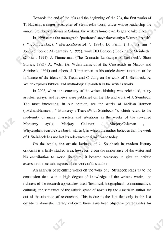 of texts, which is dominant in terms of creating works, allowing you to combine different perspectives of description and image. the scientific validity of this work is due to an objective-critical approach to the analysis of the problems posed; using modern methodology; a study of the works of j. steinbeck in a new perspective; a wide base of attracted domestic and foreign literary sources on the chosen problem. scientific novelty lies in understanding the work of j. steinbeck in the context of modern ideas about the essence of rich artistic innovations in the 20th century. a new approach to the study of the works of the writer is proposed, the conceptual unity of the philosophical and artistic world of the author is traced. we consider the semantics of art space (means of expressing meaning, interpreting its types) in the works of j. steinbeck, spatial characteristics, the multiplicity of spatial points …