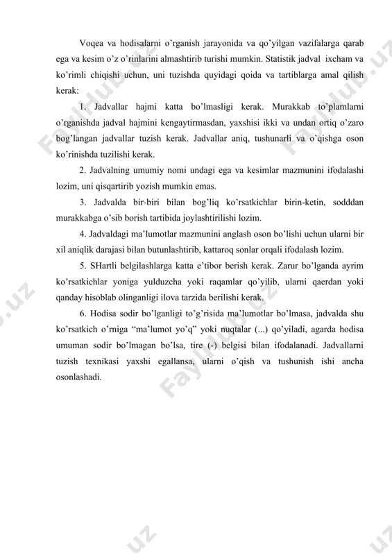 tushunish ishi ancha osonlashadi. 3. grafiklar haqida tushuncha, statistikada ularning roli va ahamiyati grafik – bu statistik ma’lumotlar-ni ta’sirchan va jozibali qilib tasvir-laydigan geometrik shakldir statistik ma’lumotlarni keng omma uchun tushunarli, ta’sirchan, diqqatga sazovor va lo’nda qilib bayon etish juda muhimdir. grafik usuli ana shu maqsad uchun xizmat qilib, amalda keng qo’llanadi. statistikada grafiklar deganda ijtimoiy hayot haqidagi ma’lumotlarni shartli olingan me’yorda tuziluvchi har xil geometrik shakl va chiziqlar, predmetlarning tasvirlari (suratlari) hamda geografik xaritalarda nishonlangan shartli belgilar yordamida tasvirlash tushuniladi. ular kishining diqqatini o’ziga tez jalb etish bilan birga ma’lumotlarni esda yaxshiroq saqlash, to’laroq va chuqurroq tasavvur qilishga imkon beradi. shuning uchun grafiklar iqtisodiy, madaniy va umuman ijtimoiy taraqqiyotning barcha sohalarida erishilayotgan yutuqlarimizni ommalashtirishda muhim qurol vazifasini o’taydi. shunday qilib, statistik ma’lumotlarni grafiklarda tasvirlash natijasida ularni soddalashtirish, ayonlashtirish, umumlashtirish, yakunlashtirish va pirovardida tasavvurimizni boyitish kabi muhim fazilatlarga ega bo’lamiz. bu usul turli hodisalarni taqqoslashda, ularni dinamikasi va o’zaro bog’lanishlarini …