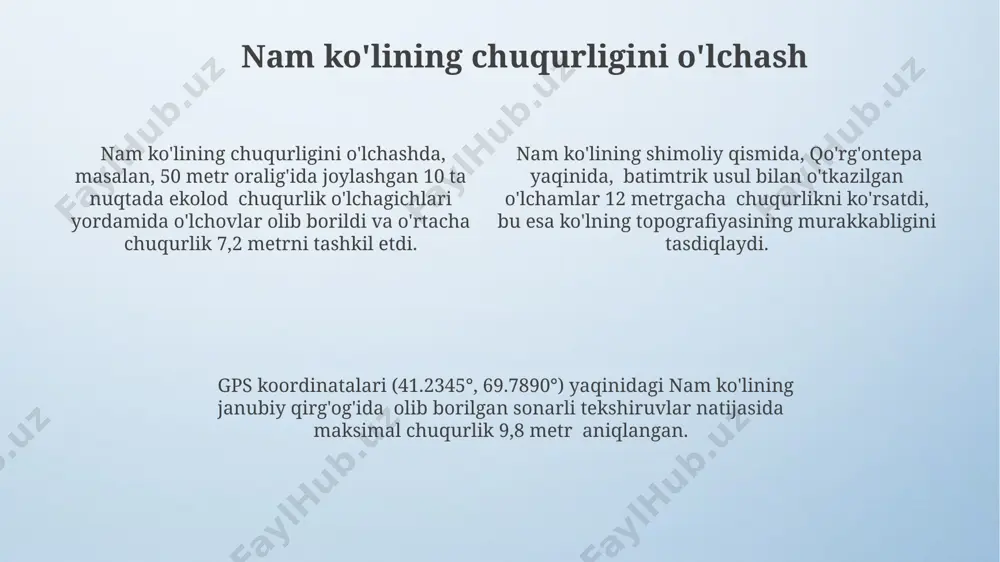 'lining maydonini aniqlashda topografik xaritalar (1:50 000 masshtabda) va planimetr yordamida o'lchash natijasida taxminan 118 kvadrat kilometrlik ko'rsatkich olingan. nam ko'lining g'arbiy qirg'og'idagi 5 ta nuqtadan olingan o'lchovlar va triangulyatsiya usuli orqali hisoblangan maydon taxminan 115 km² ni tashkil etadi, bu esa xatolik chegarasi ± 5 km² ni tashkil qiladi. nam ko'lining atrof-muhitga ta'sirini o'rganish nam ko'l ekologik tizimining o'zgarishi 2000 yildan beri 15 ga yaqin o'simlik va hayvon turlarining yo'qolib ketishiga sabab bo'lgan, bu esa bioxilma-xillikni pasaytirdi. nam ko'lining suv sathi 1990-yillardan buyon o'rtacha 20 sm ga pasaygan, bu atrofdagi 5 ta qishloq xo'jaligi yerlarining unumdorligini pasayishiga olib keldi. ko'l atrofidagi 10 km radiusdagi hududda o'tkazilgan tadqiqotlar shuni ko'rsatdiki, nam ko'lining ifloslanishi asosan 3 ta yirik sanoat korxonasining chiqindilari bilan bog'liq. nam ko'lining kelajagini prognoz qilish ko'lning ifloslanishi darajasi yiliga 15% ga oshsa, 2035-yilga borib namangan viloyati atrofidagi qishloqlar uchun ichimlik suvi ta'minotida jiddiy muammolar yuzaga kelishi ehtimoli katta. …