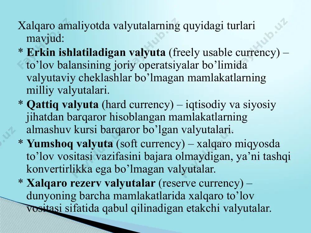 moni market-meyker mijozdan bazaviy valyutani sotib oladi, offer tomoni esa market-meyker mijozga bazaviy valyutani sotadigan kursni ko’rsatadi. valyutaning sotish kursi bilan sotib olish kursi o’rtasidagi farq tijorat bankining daromadi hisoblanadi va u spread deb ataladi. misol: diler mijozdan dollarga ayirboshlash evaziga 0,9315 kursi bo’yicha 1 mln eur sotib oladi. valyutalash sanasida: bank oladi: +eur 1.000.000 bank to’laydi: -931000 usd bank to’laydi: -eur 1.000.000 bank oladi: +931500 usd ---------------------------------------- 0 +500 usd bankning xorijiy valyutadagi talablari va majburiyatlari uning valyutaviy pozitsiyasini belgilaydi. aniq bir valyuta bo’yicha ular teng bo’lgan holatda, valyutaviy pozitsiya (holat) yopiq deb hisoblanadi. ochiq valyutaviy pozitsiya – bu valyuta bozori ishtirokchisi (bank, kompaniya) uchun xorijiy valyutadagi talablar va majburiyatlarning mos kelmasligidir valyuta pozitsiyasi ochiq (м≠т) uzun (м т) uzun pozitsiya xorijiy valyutadagi talablarning majburiyatlardan ortiqligini bildiradi hamda “+” beligisi bilan ifodalanadi. qisqa pozitsiya xorijiy valyutadagi majburiyatlarning talablardan ortiqligini bildiradi hamda “-” belgisi bilan ifodalanadi. m: bank tomonidan 1,6540 …