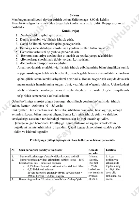 larini olib borish. 10. tana haroratini o’lchash- 4 bemorda 11. antropometriya o’tkazish. – 4 bemorda. 12. anketa pasport qismini to’ldirish 1 marta 13. qabulxonaga kelgan bemorlardan anamnez yig`ish 2 marta 2- kun men bugun amalliyotni davom ettirish uchun shifohonaga 8.00 da keldim meni biriktirilgan hamshira bilan birgalikda kunlik reja tuzib oldik. rejaga asosan ish boshladik kunlik reja; 1. .navbatchilikni qabul qilib olish. 2. kunlik ertalabki yig’ilishda ishtrok etish. 3. qabul bo’limini, bemorlar qabulga tayyorlash. 4. bemorga ko`rsatiladigan shoshilinch yordam usullari bilan tanishish. 5. hamshira tashxisini qo`yish va parvarishlash. 6. -bemorni sanitariya tozalovidan o`tkazish va pedikulyozga tekshirishni 7. -;bemorlarga shoshilinch tibbiy yordam ko`rsatishni; 8. -bemorlarni transportirovka qilishni. amalliyot davrida ertalabki yig’ilishida ishtrok etib, hamshira bilan birgalikda kunlik rejaga asoslangan holda ish boshladik, birinch galda honani shamollatib bemorlarni qabul qilish uchun kerakli ashyolarni xozirladik. honani tayyorlash vaqtida davolash muassasasida hamshiraning tutgan o’rni, vazifalarini o’rganib oldim. uchastkadagi aholi o’rtasida sanitariya maorif ishlarida(aholi o’rtasida …