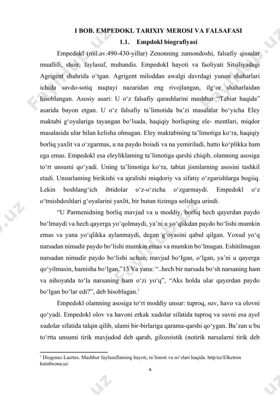hlar muhabbat va yovuzlik xos. unsurlami birlashtimvchi kuchni u muhabbat, do‘stlik, garmoniya va hatto afrodita desa, ularni bir-biridan ajratuvchi kuchni yovuzlik, nafrat kuchi deb hisoblagan. birlik va ko‘plik masalalarini empedokl eley maktabi falsafasi va geraklit falsafasidan farqli, o‘ziga xos ravishda hal etgan. eleyliklar faqat bir butunlikni, yaxlitlikni e’tirof etganlar, ya’ni yaxlitlikni, fikrda bor desalar, ko‘plik hissiy olam faqat hissiyotimizda boiadi deganlar. geraklit uchun yaxlitlik va ko‘plik bir paytning o‘zida mavjud, ya’ni hamma narsa bir narsada va bir narsa hamma narsada namoyon boiadi.[footnoteref:2] [2: buyuk siymolar, allomalar: (oʻrta osiyolik mashhur mutafakkir va donishmandlar). k.1. – /nashrga tayyorlovchi m.m.xayrullayev. – t.: maʼnaviyat, 1995. 161-betlar] empedoklning fikricha esa, birlik va ko‘plik, muhabbat va yovuzlik kabi qarama-qarshi kuchlar bir paytning o‘zida emas, navbatma-navbat mavjud boiadi. u tabiat hayotini davriy jarayon sifatida tushunib, muhabbatni – ashyoviy jismlami birlashtiruvchi kuch, yovuzlikni esa unsurlami parchalovchi kuch, deb tasawur qilgan. olamda navbatma-navbat muhabbat va yovuzlik kuchlari hukmronlik qiladi. …