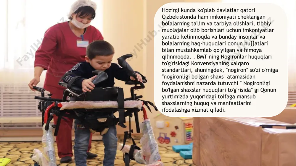 psixolog, nogironlik turiga qarab logoped, oligofrenopedagog yoki tiflopedagog biriktiriladi. bu mutaxassislar bola hayotining dastlabki kunlaridan boshlab bola bilan shug'ullanishadi va uni bog'chaga ( ijtimoiy muhitga) har tomonlama moslashtirib borishadi. bog'chada ishlaydigan maxsus pedagoglar imkoniyati cheklangan bolani maktabga tayyorlashadi. natijada bunday bolalar inklyuziv ta'limga tayyor holatda, oddiy maktablarda boshqa sog'lom bolalar bilan birgalikda tahsil olish, bunday muhitda ulg'ayishga moslashgan holatda chiqadi. keyingi o'quv yilidan boshlab alohida ta'limga ehtiyojmand bolalarning 24 foizi, 2025-yilgacha esa 40 foizi odatiy maktablarga jalb qilinishi kutilmoqda. lekin bu ta'lim tizimi hali o'zbekistonlik imkoniyati cheklangan bolalar, ularning ota-onalari hamda ustozlari uchun yangi muhit, yamgi bosqich bo'lgani uchun ham xavotirlar mavjud. imkoniyati cheklangan har bir bolaning ta'lim va tarbiyasi bilan shug'ullanish alohida e'tibor talab etadi. lekin statistikaga ko'ra 2020-yilning o'zida o'zbekistonda ko'plab umumta'lim maktablarida 13 ming nafarga yaqin nogironligi bo'lgan o'quvchilar inklyuziv ta'lim bilan qamrab olingan. bu ta'lim tizimini joriy etish uchun avvalo jamiyatni, maktabdagi sog'lom bolalarni ham, imkoniyati …