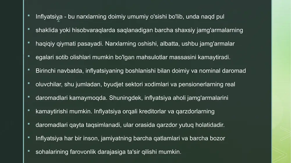 yidagilardan iborat: - bekor qilish, ya'ni eskirgan pul birliklarini chiqarib tashlash va yangi birliklarni joriy etish to'g'risidagi e'lon. - devalvatsiya, ya'ni pul birliklarida oltin tarkibining pasayishi yoki milliy valyutalarning oltin, chet el valyutasi, kumush kurslarining pasayishi. - denominatsiya, ya'ni nollarni kesib tashlash usuli. usul eski banknotaning yangisiga o'rnatilgan nisbati bo'yicha ayirboshlash shaklidagi pul birligini kattalashtirishdan iborat. xuddi shu nisbatda narxlar, tariflar, ish haqi, bank hisobvaraqlaridagi naqd pul qoldiqlari, tashkilotlar balanslari qayta hisoblab chiqiladi. z z inflyatsiyaga qarshi siyosat - davlat tomonidan tartibga solish sohasidagi inflyatsiya jarayonlarini bostirishga qaratilgan chora-tadbirlar majmuidir. inflyatsiyaga qarshi siyosat ko'pincha ikki usul bilan amalga oshiriladi: deflyatsiya siyosati daromad siyosati deflyatsion siyosat pulga bo'lgan talabni pul, kredit, soliq mexanizmi orqali tartibga soladi. u davlat xarajatlarini qisqartirish, kreditlar bo'yicha foiz stavkalarini oshirish, pul massasini cheklash bilan birga soliq yukini oshirish orqali amalga oshiriladi. deflyatsiya siyosati har qanday iqtisodiy tizimda iqtisodiy o'sishning sekinlashishiga olib keladi. z daromad siyosati narxlar …