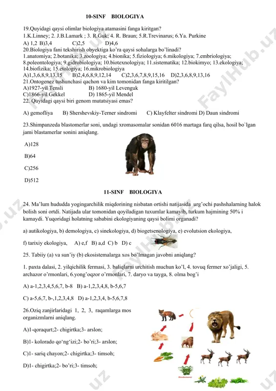 onlar kuzatiladi? a) energiya sarflanishi b) energiya ajraladi c) oddiy moddalardan murakkab moddalar hosil bo’ladi d) murakkab moddalardan oddiy moddalar hosil bo’ladi a) 1-b,d, 2-a,c b) 1-a,c, 2-b,d c) 1-a,d, 2-b,c d) 1-b,c 2-a,d 16. quyidagi qaysi jarayonlar fotosintezda kuzatilmaydi? a) suv va co2 dan uglevodni sintezlanishi b) quyosh energiyasining kimyoviy energiyaga aylanishi c) erkin o2 ning hosil bo’lishi d) atf sintezlanishi e) uglevod va oqsillarning parchalanishi f) quyosh energiyasining mexanik energiyaga aylanishi a) a,b,c,d b) e,f c) a,b d) c,d 17. oksidlanishga xos hususiyatlarni ko’rsating. 1) organik moddalarning co2 va h2o ga parchalanishi; 2) anorganik moddalarning co2 va h2o ga parchalanishi; 3) organik moddalarning o2 ishtirokida parchalanishi; 4) organik moddalarning o2 ishtirokisiz parchalanishi; 5) bakteriyalar faoliyatida uchraydi; 6) zamburug’lar faoliyatida uchraydi; 7) bu jarayon natijasida sut kislota hosil bo’ladi; 8) bu jarayon natijasida spirt hosil bo’ladi; 9) bu jarayon natijasida 2 ta atf hosil bo’ladi; a) 2,3,4,9 b) 1,2,3,6,7 …