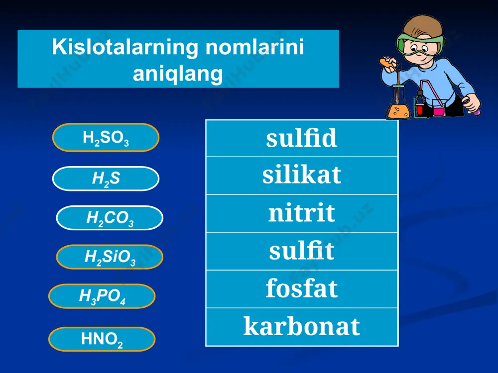 . 82-bet bobga doir masalalardan № 4, № 5, № 6 ni yechish . 3. vodorodga klaster tuzish. erishilgan narsa qanchalik oz bo’lmasin- bu yutuqdir. kuzata olish layoqati - buyuk tuhfadir. ilg’or texnologiyalarning bosh maqsadi – tashlandiq va foydasiz narsalardan foydali narsalarni ishlab chiqarish usullarini izlab topishdir. d. i. mendeleev e’tiboringiz uchun raxmat. image4.png image5.jpeg image6.png image7.png image8.png image9.jpeg image10.jpeg image11.jpeg image12.jpeg image13.png image14.png image15.png image16.png image17.wmf kipp apparatda vodorod olish.avi image18.wmf suvni elktrolizi.avi image19.png image20.wmf havo shari.avi image21.wmf qaldiroq gaz.avi image22.jpeg image23.jpeg image24.wmf cuoni vodorod bilan qaytarish.avi image25.png image26.png image27.png image28.png image29.png image30.png image31.gif image32.png image33.png image34.png image35.png image36.png image37.png image38.png image39.png image40.png image41.png image42.png image43.png image44.png image45.png image46.png image47.png image48.png image49.png image50.jpeg image3.jpeg kipp apparatda vodorod olish.avi suvni elktrolizi.avi havo shari.avi qaldiroq gaz.avi cuoni vodorod bilan qaytarish.avi /docprops/thumbnail.wmf