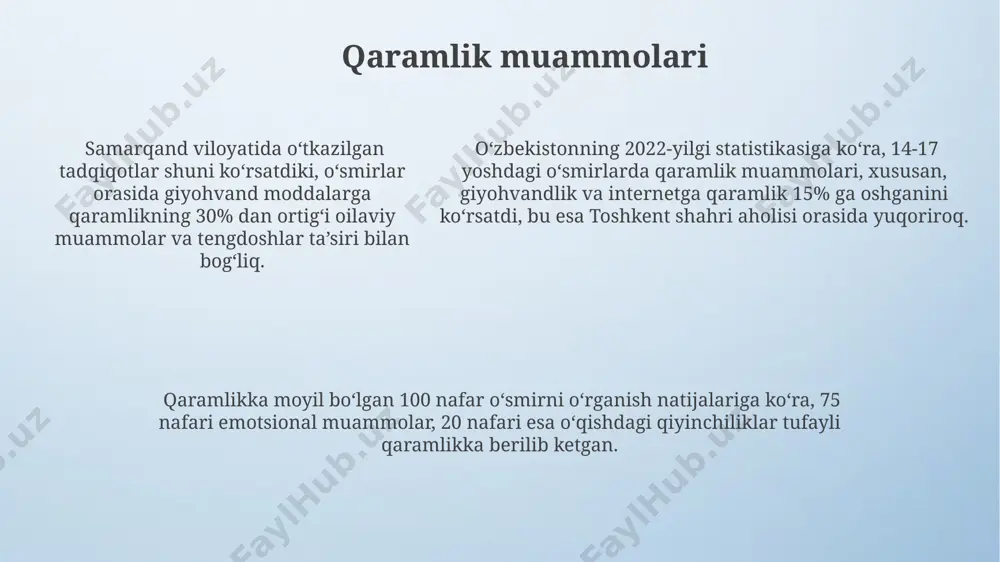 shaharlarda bu ko'rsatkich yuqoriroq. 2022-yilgi milliy so'rov natijalariga ko'ra, o'smirlarning 45% ota-onalar bilan kelishmovchiliklarni hal qilishda vositachilik xizmatlariga muhtojligini his qilgan, bu esa samarqand viloyati kabi hududlarda ham kuzatiladi. e'tiboringiz uchun rahmat @taqdimot_robot image4.png image3.jpeg