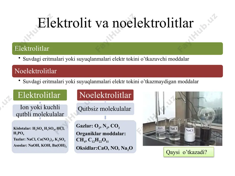 ssotsilanishi, ion ko‘paytmasi, vodorod ko‘rsatgich masalan: natriy gidroksid eritmasida [oh-] = 10-2 mol/l bo‘lsa, [h+] – toping. [h+] = kc/[oh-] = 10-14/10-2 = 10-12. manfiy darajali sonlar bilan ishlash noqulay bo‘lgani uchun vodorod ionlar konsentratsiyasini vodorod ko‘rsatgich ph “pe-ash” bilan belgilash qabul qilingan. vodorod ionlarining teskari ishora bilan olingan o‘nli logarifmi vodorod ko‘rsatgich ph deyiladi. vodorod ko‘rsatgich ph tushunchasini 1909 yilda daniyalik kimyogar syorensen fanga kiritgan. p – “potens” so‘zining bosh harfi, potens – daniyacha matematik daraja degan ma’noni beradi, h – vodorod elementining simvoli. vodorod ionlari konsentratsiyasi, ph va eritma muxiti orasidagi bog‘liqlik grafigini quyidagicha ifodalash mumkin. ph = 7 eritma muhiti neytral [h+] = 10-7 mol/l ph > 7 eritma muhiti ishqoriy [h+] 10-7 mol/l tananingizni muhiti qanday? tuzlarning gidrolizi va eritma muhiti 1.kuchli аsоs vа kuchli kislоtаlаrdаn hоsil bоʻlgаn tuzlаr gidrоlizgа uchrаmаydi, yа’ni ulаrning iоnlаri suv bilаn tа’sirlаshib kuchsiz еlеktrоlitlаr hоsil qilmаydi. bundаy tuzlаr gidrоlizidа iоnlаrning gidrаtlаnishi …