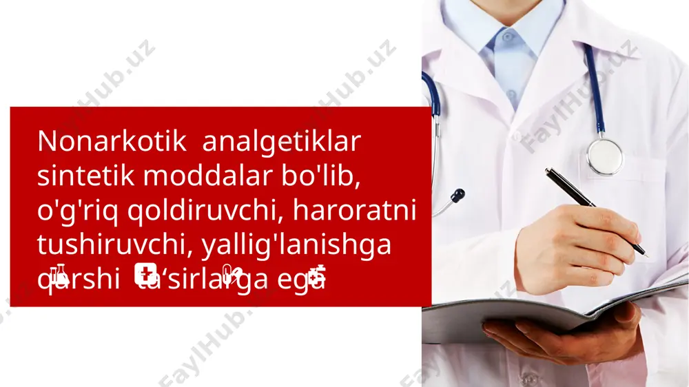 arga ega. asosan bosh o'g'rigida, nevralgiya, artrit, xoreyada, bazan revmatizmda qo'llaniladi nojo‘ya ta'siri: davomli qo'llanilganda qon sistemasiga salbiy ta'sir ko'rsatib, agronulotsitoz, allergik jarayonlar, terida toshmalar keltirib chiqarishi mumkin fenatsetin va paratsetamol asosan o'g'riq qoldiruvchi va haroratni tushiruvchidir, yallig'lanishga qarshi deyarli ta'sir ko'rsatmaydi. paratsetamol alohida modda sifatida ishlab chiqariladi va qo‘llaniladi pediatrlar hozirgi kunda paratsetamolni keng qo'llaydi, lekin davomli qo'llaganda jigarga salbiy ta'sir ko'rsatishi l, allergik jarayonlarni paydo qilishi mumkin 11 fenatsetin esa buyrak faoliyatiga salbiy ta'sir ko'rsatishi, gemolitik anemiya, metgemoglobinemiya, og'ir hollarda tomir kollapsini yuzaga keltirishi mumkin. shuning uchun hozirgi kunda juda kam qo'llanadi, boshqa moddalar bilan birga sitramon, sedalgin tabletkalari tarkibida kombinirlangan bo'ladi. thank you！ sog'ligingizga befarq bo‘lmang!🫀 13 image1.jpeg image2.jpeg image3.jpeg image4.jpeg image5.png image6.png image7.png image8.jpeg image9.jpeg