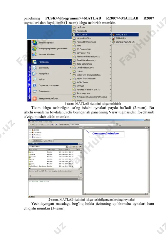 irishga mo`ljallangan simulink kengaytma paketlari bilan birga qo`llanilib kelinmoqda. simulink paketida vizual – orientirlash printsiplari qo`llanilgan bo`lib, kerakli bloklarni yig’ish orqali tadqiq qilinayotgan tizim va qurilma modelini yaratish qulaydir. bunda qurilma va tizimni tavsiflovchi murakkab holat tenglamalari avtomatik ravishda tashkil etiladi. energetik tizimlar va qurilmalarni modellashtirish masalalarini matlab ning power system blockset paketi yordamida yechish mumkin. bu simulink paketiga qo`shimcha bo’lib, boshqa paketlardan tehnik qurilmalarni loyihalash bilan farq qiladi. umuman olganda matlab tizimi va uning tarkibidagi paketlari yordamida avtomatik tizimlarni modellarini qurish, ularni tahlil va sintez qilish, energetika masalalarini yechish, energetik qurilmalarni funksiyasini modellashtirish, qurilgan modellar asosida parametrlarni keng diapazonda o`zgartirib tajriba o`tkazish, matematik tenglamalarni yechimlarini grafik ko`rinishda olish mumkin. 15.3. matlab tizimining interfeysi tavsifi. matlab tizimi foydalanuvchi komp’yuteriga o`rnatilganidan so`ng komp’yuterning “ishchi stoli” da hosil bo’lgan tugma orqali yoki boshqaruv panelining pusk>>programmi>>matlab r2007>>matlab r2007 tugmalari-dan foydalanib (1-rasm) ishga tushirish mumkin. 1-rasm. matlab tizimini ishga tushirish tizim ishga tushirilgan so`ng …