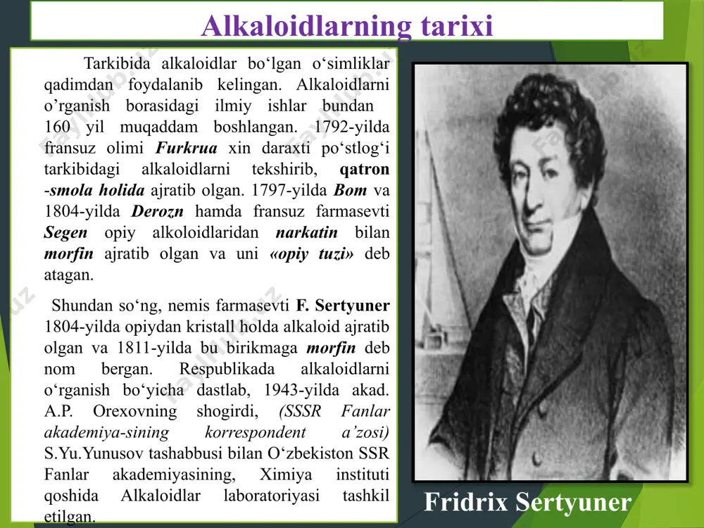 n boshqa holatda ham uchrashi mumkin) alkaloidlarning o‘simliklar to‘qimasida hosil bo‘lishi (biosintezi) o‘simliklardagi alkaloidlarning miqdori va tarkibiy qismi doimo dinamik ravishda o‘zgarishda bo‘ladi. ushbu o‘zgarish ularning o‘sish joyi va tuproq iqlim sharoitiga bog‘liq bo’ladi. odatda alkaloidlar: - o‘simliklar gullashidan oldin yoki gullash davrida - ularning yer ustki qismida ko‘p to‘planadi; - gullab bo‘lgan so’ng ko‘p yillik o‘simliklarni yer ostki qismida (ildizpoya, piyoz va piyozboshlilar) hamda qisman mevasida; - bir yillik o‘simliklarning mevasida yig‘iladi; - ba’zida o‘simlik endi ko‘karib chiqayotganida (yer ustki qismida) ko‘p to‘planishi mumkin bo’ladi. tarkibida alkaloidlar bo‘lgan o‘simliklarni sinflarga bo‘linishi o‘simliklar to‘qimasida alkaloidlar qisman: - organik moddalar (oksalat, olma, limon, vino va boshqa); - mineral moddalar (sulfat, fosfat va boshqa); - ba’zan o‘simliklarning o‘ziga xos (mekon, xin, xelidon va boshqalar) kislotalar bilan birikkan tuzlar xolida uchraydi. tarkibida alkaloidlar bo‘lgan o‘simliklarni sinflarga bo‘linishi, ular tarkibidagi alkaloidlarning uglerod-azotli (c-n) skeletining tuzilishi asos bo’lib xizmat qiladi. shunga ko‘ra, alkaloidlar saqlovchi dorivor …