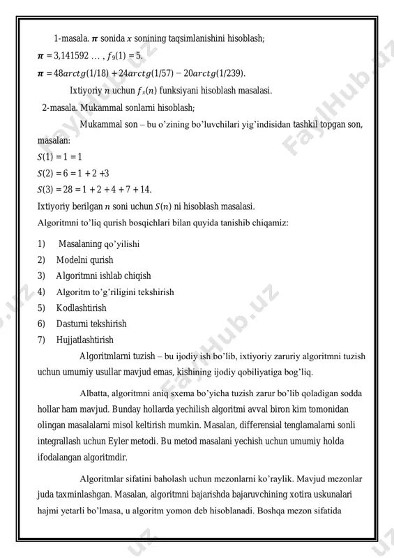 bo’yicha baholash 2) algoritmni bajarish uchun xotiradan egallagan hajmi bo’yicha baholash algoritmlarni asimptotik (o()) baholash – algoritmda kiruvchi ma’lumotlarning bajariladigan amallar soniga ma’lum bir qonuniyatlar asosida mos qo’yilishidir. bu qonuniyatlar kvadratik, factorial, logarifmik bo’lishi mumkin. agar kiruvchi ma'lumotlarning o'lchamlari oshsa, algoritmning bajarilish vaqti f(n) funksiyasi bilan bir xil tezlikda oshsa, algoritmda o(f(n)) murakkablik bor. agar kiruvchi ma'lumotlarning o'lchamlari oshsa, algoritmning bajarilish vaqti f(n) funksiyasi kvadratik tezlikda oshsa, algoritmda o(f(n^2)) murakkablik bor. uch asimptotik belgilar asosan algoritmlarning vaqt murakkabligini ifodalash uchun ishlatiladi : 1. θ-notation ( teta ); 2. o-notation ( o ); 3. ω notasi ( omega ). hisoblash mashinalar tezligi oshishiga qaramasdan, ular yordamida yechilayotgan masalalar kattaligini oshishini algoritm qiyinligini tahlil orqali aniqlaydi. faraz qilaylik, a1,a2,…,a5 nomli 5 ta algoritm quyidagi vaqtli qiyinliklar bilan berilgan. http://langtoday.com/?p=343 http://qaru.site/questions/1438847/big-theta-notation-of-insertion-sort-algorithm https://hackerx.ru/big-o-notation/ http://qaru.site/questions/2927872/big-omega-notation-am-i-doing-this-right bu yerda vaqtli qiyinlik – bu n kattalikdagi kirishlarni qayta ishlash uchun kerak bo’ladigan vaqt birliklar soni. masalan, vaqt birligini …