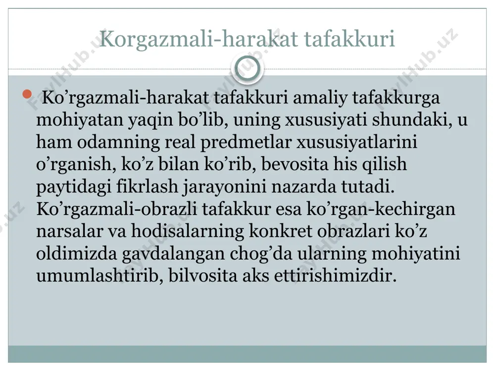 miyatga ega bo‘lgan savolga javob topish uchun etarli emas. bu savollar: «yuaga kelgan vaziyatda nimani, qay tarzda bajarish mumkin, va bu harakat natijasida nima hosil bo‘ladi?»dan iborat. tafakkur turlari va shakllari tafakkurning ikki darajasi mavjud: fahm-farosat – abstraksiyalardan foydalanish o‘zgarmas chizmalar, namunalar chegarasida sodir bo‘ladigan oddiy tafakkur, sog‘lom fikr, tafakkurning boshlang‘ich darajasi, uning mantiqiy mazmunini emas, balki, ibora va dalillar tuzilishini o‘rganadi, bu aniq, izchilliklik bilan mulohaza yuritish, fikrlarni to‘g‘ri tuzish, dalillarni qat’iy tizimlashtirish, tasniflash layoqati; aql (dialektik tafakkur) – abstraksiyalarni ijodiy qo‘llash va ular tabiatini ongli tadqiq etish xususiyatiga ega bo‘lgan nazariy bilishning oliy darajasi, aql yordamida inson narsalar mohiyati, ularning qonunlari va qarama-qarshiliklarini anglab etadi. tafakkur turlari tafakkur – bu o‘z tuzilishi va turlariga ega bo‘lgan o‘ziga xos faoliyat. tafakkurning turlarga bo‘linishi shakli, xususiyati, ochib berilganlik, yangililik va voqelikka moslik darajasiga ko‘ra amalga oshiriladi. obrazli tafakkur obrazli tafakkur – bu obrazlar yordamida mulohaza yuritish jarayonining bir turi. ular …