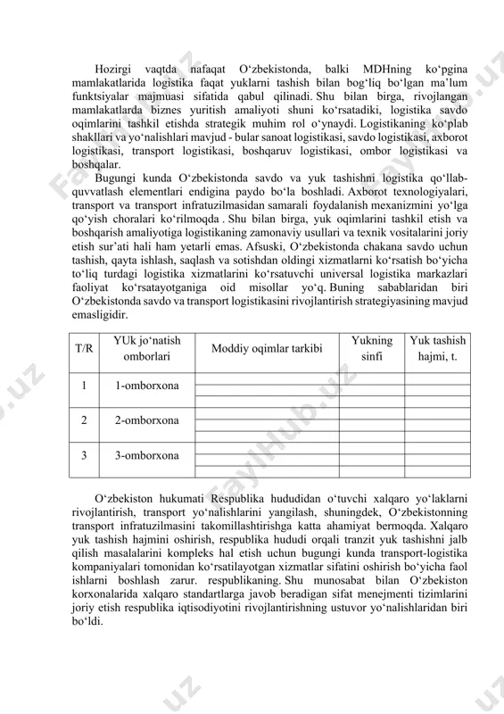 mborning asosiy vazifasi - zaxiralarni kontsentratsiyalash, ularni saqlash va iste’molchi buyurtmalarining uzluksiz va ritmik ta’minotini shakllantirish . tovarlarning tizimlarga harakatini ta’minlash ob’ektlariga yondashuv fan va amaliy faoliyat sohasi uchun logistikaning asosiy xususiyatlaridan birini ifodalaydi. tizimli tadqiqotlar ilmiy-texnikaviy taraqqiyotning tabiiy zarurati bo‘lib, fanda mavjud bo‘lgan eng ilg‘or va samarali usullarni birlashtirish va ulardan foydalanish imkonini beradi. har qanday tizimlarni o‘rganishda biz ularni qurish, ishlash tamoyillarini, shuningdek tizimlarning atrof-muhit bilan o‘zaro ta’sirini aniqlash muammosiga duch kelamiz. axborot texnologiyalari ushbu talablarni qondirish uchun uzoq yo‘lni bosib o‘tishi mumkin. samaradorlikning ma’lum darajada oshishiga mahalliy hisoblash tizimlari yordamida erishish mumkin, ammo shaffoflik va moslashuvchanlik faqat korxona bo‘linmalari o‘rtasidagi chegaralarni "kesib o‘tuvchi" integratsiyalashgan axborot va boshqaruv tizimlaridan foydalanish natijasida sezilarli darajada oshadi. ushbu kurs ishining maqsadi logistikaning zamonaviy tamoyillari va tadbirkorlikning turli sohalarida logistikani amalga oshirish usullari bo‘yicha bilimlarni mustahkamlashdan iborat. 2. logistikaning tavsifi, paydo bolishi,rivojlanishi va hozirgi holati. ayni paytda o‘zbekiston transport sohasida 400 ga …