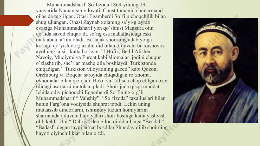 aqa uchun hos bo`lgan lug`at tuzilishi va shevalari bilan ifodalanadi. so`fizoda xotin-qizlar haqida yozdi. ularning zulmatga burkangan hayotidan,ma’rifatdan uzoq kelayotgan turmushi, dunyo ayollaridan ortda qolib ketganliklaridan so`z ochadi. sho’irni ko`proq badihago`y deyishadi. chunki hozirgacha ko`cha devorlariga,darvozalar tepasiga, choyxonalar eshigiga yozib qoldirgan she’rlari haligacha halq o`rtasda saqlanib qolgan. fuzuli yo`lida yozilgan “ vatan”, lirik g`azallari “ g`ubor dardu alam”, “o`ray”. hajviyalari “ dakaning”, “ bedanang”. ma’rifat haqidagi she’rlari “o`qing onalar”, “gazeta to`g`risida”, “xonimlar isminda”. ma’naviy tanazzulni fosh etuvchi “chustiylarbizlar”. uning maqolalari,she’rlari “turkiston viloyatining gazeti”, “sadoyi turkiston”, “sadoyi farg`ona” gazetalarida chiqib turgan. so`fizodaning ifodiy faoliyatida ma’rifatparvarlik ustuvor ahamiyatga ega. u gazetaga alohida ahamiyat berdi va halqning madaniy hayotida gazetaning katta rol o`ynashini tushuntirdi.maskur mavzuga bag`ishlangan “ yashnatib dil g`unchasin fasli bahor aytar gazet” deb boshlanuvchi g muazeta to`g`risida g`azali diqatga sazovordir.mumtoz adabiyotimizning taniqli namouondalari izidan brogan so`fizoda baytlar tarkibida bir qator she’riy san’atlardan istiora,tashbeh she’riy san’atlaridan ham muvaffaqiyatli foydalana olgan shoirdir. avvalo, …