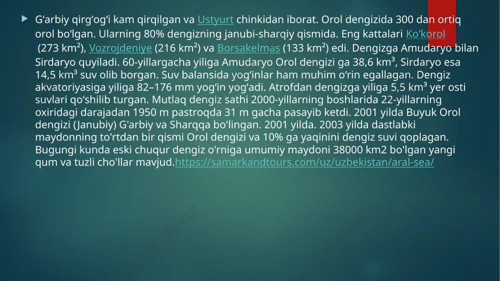 , tuproq holati yomonlashuvining asosiy sababchilaridan biri boʻlib koldi. kkr ning suʻoriladigan maydonlari chang — tuz fraktsiyalari 250 kggʻga dan chimboy tumanida 500 t gacha boradi. shoʻrlangan qum tuzlari yili orol boʻyidagi 15 ming ga yaylovlarni egallabbormoqda. ~oʻza uchun ajratilgan maydonlar kasallik koʻzgatuvchi zarakunandalar bilan zararlangan. qishloq xoʻjalik maxsulotlari hosili pasayib ketmoqda. daryoning yuqori okimidagi hududlarda meliorativ holati yomonlashishi (surxondaryo, qashqadaryo, buxoro, samarqand) ii kategoriyada erlaning koʻpayishiga olib kelmoqda. amudaryoning oʻrta oqimi joylashgan. turkmanistonning suv xoʻjalik tumanlarida murakkab meliorativ holat kelib chiqmoqda. amudaryo va sirdaryoning kuyi okimlarida koʻpchilik maydonlar qoniqarsiz meliorativ ahvoli bilan 3 va 4 katigoriyaga mansub erlar hisoblanadi, shurlangan, kuchli shurlangan maydonlar 35- 70 % tashkil etadi. tuproq-larning shurlanishi hisobiga kishlk xoʻjalik maxsulotlari hosili oʻzbekistonda — 30 %, turkmanistonda 40 %, qozog'istonda — 33 %, tojikistonda — 1990 qirg'izistonda — 20 % pasayib ketdi. kuchli shurlangan er osti suvlarning joylashishi, chullanishi jarayonini kuchaytirmoqda. amudaryo av sirdaryo qirgʻoklarini pasayish …