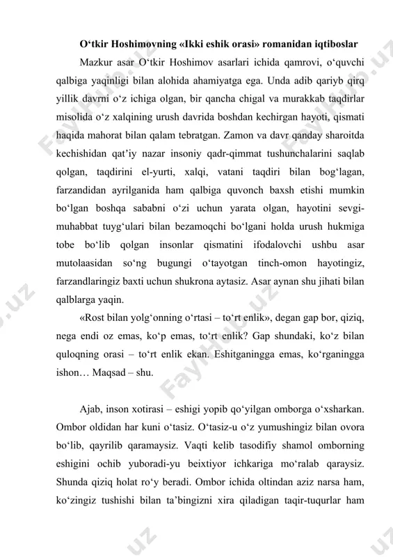 mi?! dushman bitta mina otib, o‘n bitta o‘zbekni qiyma-qiyma qilsin, bomba tashlab, dyadya vasyaning ichagini boshiga salla qilib qo‘ysin-da, men qo‘ydek yuvosh, musichadek beozor bo‘lib turaveraymi! yo‘q! qonga – qon! jonga – jon! insof degani shu! bilmadim. ehtimol odamzod farishta bo‘lib tug‘ilsa-tug‘ilar. ammo bir umr farishta bo‘lib yasholmaydi. hech kim! hech kim farishta emas. faqat o‘zini oppoq qilib ko‘rsatgisi keladi. ming uringani bilan farishta bo‘lolmaydi. yo‘lidan shunaqangi shaytonlar kesib chiqadiki, gunohga botganini o‘zi ham sezmay qoladi. dunyoda hadiksirab yashashdan ortiq azob yo‘q ekan. go‘yo boshingda birov qilich ko‘tarib turgandek, sen bo‘lsang har lahzada o‘sha qilich bo‘yningga tushishini kutayotgandek. bora-bora shunaqangi joningdan to‘yib ketasan-ki, qilich taningni boshingdan tezroq judo qilishiga orzumand bo‘lib qolasan. nima bo‘lgandayam, hadik azobidan qutulsam, bir cho‘qib, atrofga ming alanglagan qarg‘adek ayanchli ahvoldan xalos bo‘lsam deysan. …bilmadim, balki shafqatsiz odam – diyonatsiz bo‘lar. lekin diyonatli bo‘lish uchun ham shafqatsiz bo‘lish kerak. men shunga ishondim. urush meni shunga majbur …