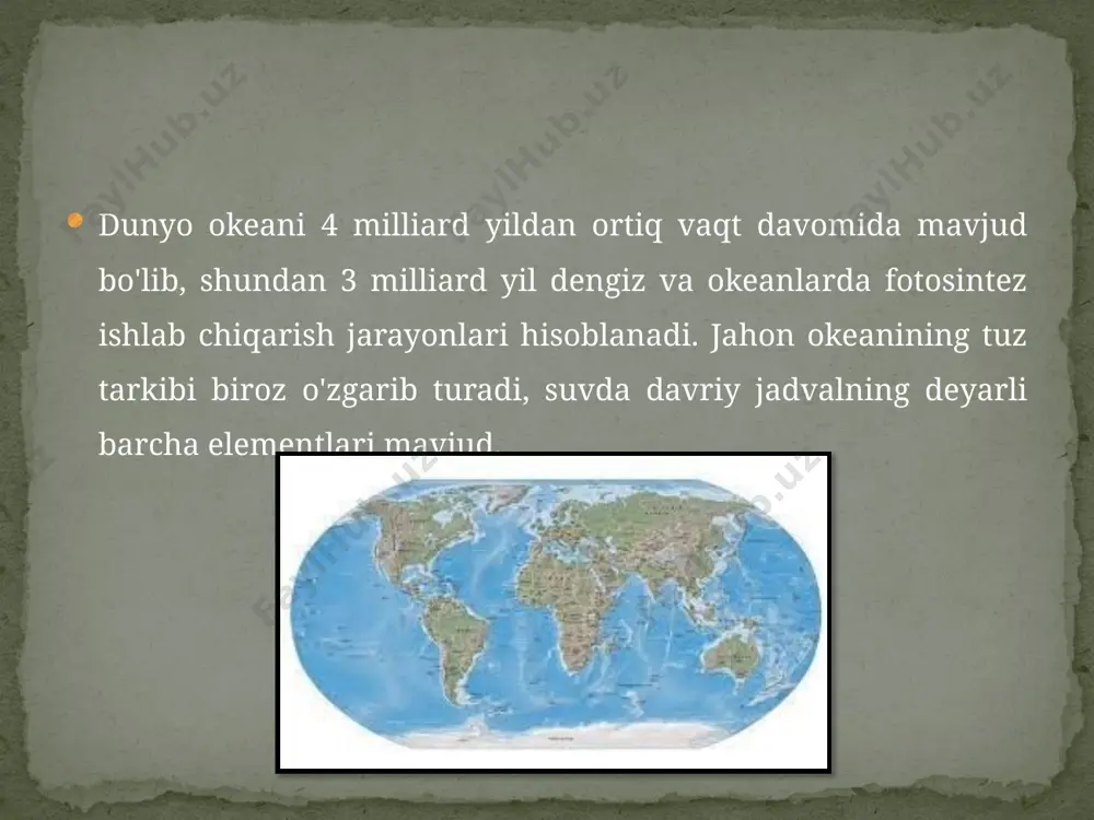 itda - gidrosferaning asosiy qismi sifatida okean suvi massasining o'zida va litosferaning bir qismi sifatida er qobig'ining pastki qismida joylashgan dunyo okeani mexanik va issiqlik energiyasining ulkan, haqiqatan ham tugamaydigan resurslarini o'z ichiga oladi, bundan tashqari, doimiy ravishda yangilanadi. bunday energiyaning asosiy turlari toshqinlar, to'lqinlar, okean (dengiz) oqimlari va harorat gradienti energiyasidir.to'lqinlarning energiyasi ayniqsa jozibali. dunyo okeanining yana bir energetik resursi okean (dengiz) oqimlari boʻlib, ular ulkan energetik salohiyatga ega. shunday qilib, fors ko'rfazi oqimining oqimi hatto florida bo'g'ozi hududida ham 25 million m3 / s ni tashkil qiladi, bu butun dunyo daryolarining oqim tezligidan 20 baravar yuqori. to'lqin hodisalari odamlarga qadim zamonlardan beri ma'lum bo'lib, ko'plab qirg'oq mamlakatlari hayotida ma'lum darajada ularning hayotining butun ritmini belgilab beradigan juda muhim rol o'ynagan va o'ynashda davom etmoqda dunyo okeanining biologik resurslari nafaqat juda katta o'lchamlari, balki g'oyat xilmaxilligi bilan ham ajralib turadi. dengiz va okeanlarning suvlari, mohiyatiga ko'ra, ko'plab tirik organizmlarning …