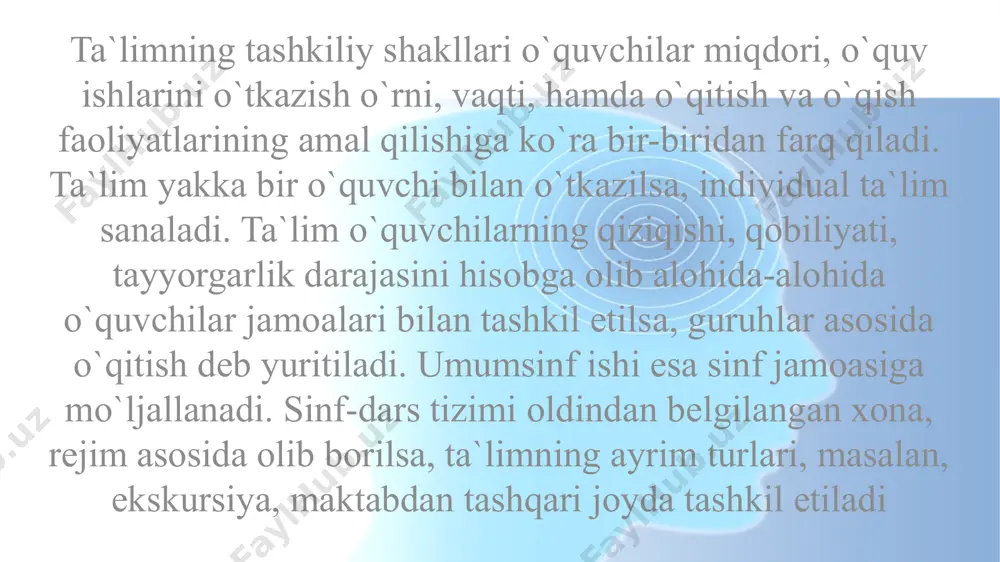 nfda 50-60 o`quvchi o`qirdi. bunda yoshlarni o`qitish ancha qimmatga tushurdi. bolalarga umumiy elementar ma`lumot berish (ularni o`qiy oladigan, yoza biladigan, hisoblay oladigan qilish) va bir o`qituvchi rahbarligida imkoniyati yetguncha ko`proq o`quvchini to`plash ehtiyoji tug`ilda. shu ehtiyojga ko`ra xix asrning oxiri xx asrning boshlarida anglyada bell-lankaster tizimi paydo bo`ldi. uning asoschisi ruhoniy a.bell, o`qituvchi d.lankasterlar edi. bell-lankaster tizimiga ko`ra, katta xonada (zalda) 600 tagacha o`quvchi to`planardi. barcha o`quvchiga bitta o`qituvchi dars berardi. kichik o`quvchilarni o`qish, yozish, hisoblashga o`rgatish katta yoshli, puxta tayyorgarlikka ega bolalarga topshiriladi. dalton-reja tizimi. dalton-reja tizimi (uni dalton-laboratoriya rejasi ham deb atashadi) mashhur pedagoglar d.dyui, e. dyui xayrixohligi, qo`llab quvvatlashi oqibatida aqshda yelena parkxerst tomonidan asoslangan edi. dalton-shaharning nomi. dalton-reja tizimiga ko`ra har bir o`quvchi o`zining imkoniyatiga yarasha individual o`qirdi. darslarda har bir o`quvchining kuchi etadigan mustaqil ish asosida bolalarning o`quv ishlari tashkil etilardi. o`quvchilarning o`zlashtirishini nazorat etish uch xil kartochka asosida olib borilgan: instruktorning laboratoriya kartochkasi; o`quvchining …
