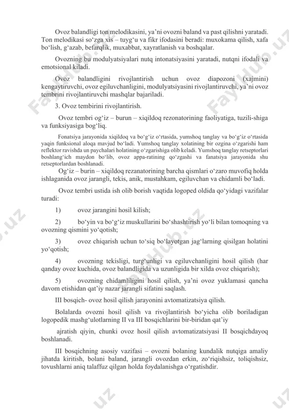 oz tembrini rivojlantirishdir. 1. ovoz kuchini rivojlantirish. ovoz kuchi un paychalari ostidagi havo bosimining darajasiga va un paychalarining zichligiga bog‘liq. ovoz kuchini o‘zgartira bilish–nutqning ifodalilik vositalaridan biridir. bolani baland ovozda, lekin baqirmasdan, aniq, ovozning kuchini sekin –asta o‘zgartirgan holda gapirishga. baland ovozdan o‘rta va sekin ovozga o‘tish va aksincha o‘tishga o‘rganish lozim. 2.ovoz balandligini rivojlantirish. ovoz balandligini o‘zgartirish nutqning ifodalilik vositalaridan biridir. ovoz balandligi ton melodikasini, ya’ni ovozni baland va past qilishni yaratadi. ton melodikasi so‘zga xis – tuyg‘u va fikr ifodasini beradi: muxokama qilish, xafa bo‘lish, g‘azab, befarqlik, muxabbat, xayratlanish va boshqalar. ovozning bu modulyatsiyalari nutq intonatsiyasini yaratadi, nutqni ifodali va emotsional kiladi. ovoz balandligini rivojlantirish uchun ovoz diapozoni (xajmini) kengaytiruvchi, ovoz egiluvchanligini, modulyatsiyasini rivojlantiruvchi, ya’ni ovoz tembrini rivojlantiruvchi mashqlar bajariladi. 3. ovoz tembirini rivojlantirish. ovoz tembri og‘iz – burun – xiqildoq rezonatorining faoliyatiga, tuzili-shiga va funksiyasiga bog‘liq. fonatsiya jarayonida xiqildoq va bo‘g‘iz o‘rtasida, yumshoq tanglay va bo‘g‘iz o‘rtasida …