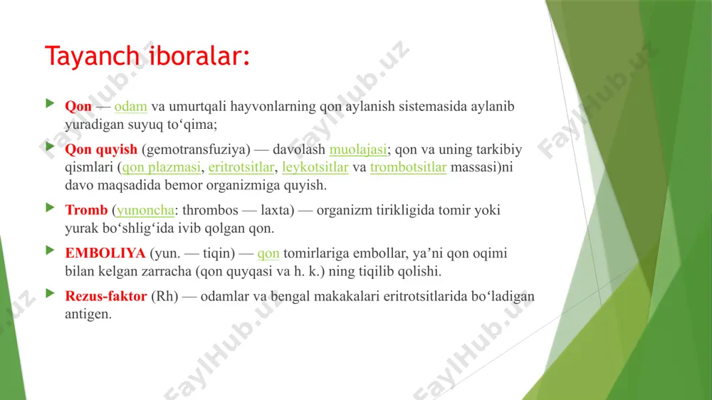 on quyish yordam berishi lozim bo'lgan davolash usuliga kiradi. mutloq va nisbiy ko'rsatmalardan tashqari bu davolash usuli umumiy ko'rsatmalarni ham o'z ichiga oladi. ular quyidagilardan iborat: a) yo'qolgan qon o'rnini qoplash (substitutsiya); b) organizm himoya kuchlarini aktivlash (stimulyatsiya); d) organizmning zaharlanishini kamaytirish; e) qon ketishini to'xtatish uchun qon ivish xususiyatini oshirish. qon quyishga ko’rsatma va moneliklar. qon quyishga qarshi moneliklar: ular quyidagilardan iborat: 1. o'tkir septik endokardit. 2. diffuz glomerulonefrit va qon aylanish dekompensatsiyasi. 3. ii в - hi darajali umumiy qon aylanishi yetishmovchiligini keltirib chiqaruvchi yurak nuqsoni, miokarditlar, miokardiofibroz xastaliklari. 4. qon bosimi ko'tarilishi kasalligining iii 170 bosqichi, miyaga qon quyilishi, nefroskleroz. 5. miyada qon aylanishining og'ir buzilishi. 6. tromboembolik xastalik. 7. jigar funksiyasining og'ir buzilishi. 8. o'pka shishi. 9. keng tarqalgan umumiy amiloidoz. 10. milliar va disseminar o'pka sili kasalligi. davolash amaliyotida qon quyishning quyidagi usullari qo'llaniladi: 1. konservlangan qon flakon yoki plastikat xaltachalarda tayyorlangan holicha quyiladi. 2. …