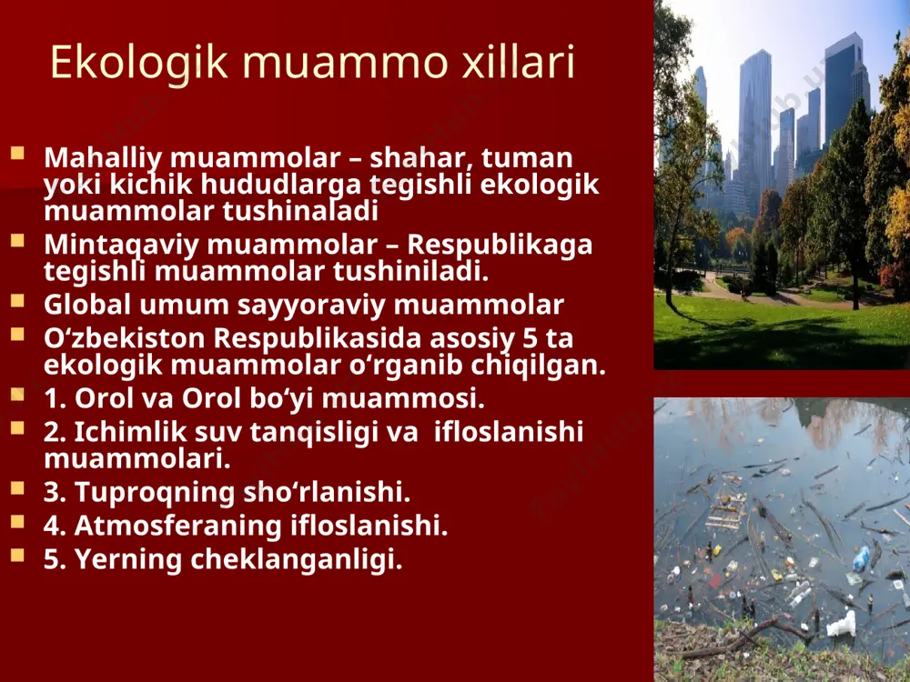 langanligi taraqqiyot yo‘lida insoniyat yuksak maqsadlar sari intilayotgan, taraqqiyot yo‘lidan jadal ildamlayotgan bugungi kunda jahon hamjamiyati oldida global ekologik muammolarni hal etishdek jiddiy vazifa turibdi. ekologik inqiroz, atmosferaning ifloslanishi — issiqxona effekti, ozon qatlaminig yemirilishi, dunyo okeanining ifloslanishi, tuproq unumdor qatlamining yo‘qolib borishi, tropik o‘rmonlarning kesilishi, cho‘llanish, chuchuk suv manbalarining kamayishi, yerdagi bioxilma-xillikning kamayishi, maishiy chiqindilarning ko‘payishi, kimyoviy va toksik moddalarni zararsizlantirish, iqlim o‘zgarishi allaqachon bir davlat chegarasidan chiqib, tom ma’noda global ekologik muammolarga aylandi. 2011-yilning dekabr oyida yevropa qo‘mitasi 2050-yilgacha mo‘ljallangan «2050-yilning energetik yo‘l xaritasi”ni ishlab chiqdi. unga ko‘ra 2050-yilga kelib havoga chiqarilayotgan karbonot angidrid miqdori 1990-yilga nisbatan 80%ga kamaytirilishi, qayta tiklanadigan quvvat manbaini ishlab chiqaradigan elektr quvvatidan 75% ga foydalanish rejasi belgilangandi. mazkur hujjatning kuchga kirishi bugungi kunda yevropada shamol, quyosh quvvatidan, shuningdek bioyoqilg‘idan samarali foydalanishga va ularni ishlab chiqarilishining arzonlashuviga olib keldi. e’tiboringiz uchun rahmat!