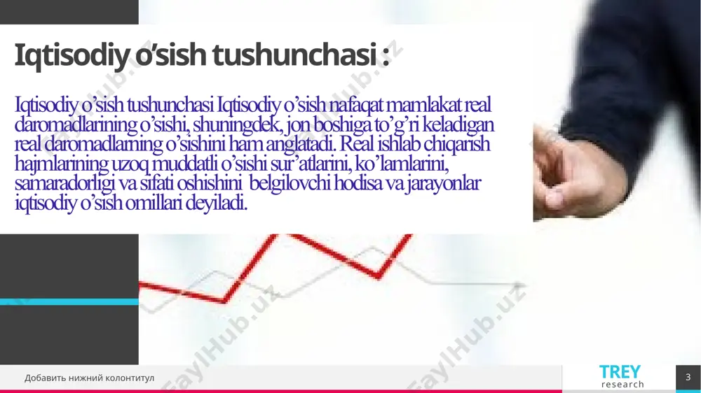 . shuning uchun g =2% bo’lganda, mehnatning har bir birligidan qaytim yiliga 2% ga oshadi, bu esa ishlab chiqarish hajmining ishchi kuchi yiliga 2% o’sgandagi kabi o’sishiga olib keladi. texnik taraqqyotning bunday shakli mehnatni tejaydi deyiladi, (g)– esa mehnatning tejaydigan texnik taraqqiyotning surati. endi texnik taraqqiyot holatidagi kapital bilan qurollanganlikning barqaror darajasini aniqlash mumkin. agar bandlarning soni (l) (n) sur’at bilan oshayotgan bo’lsa, samaradorlik (e) esa (g)sur’at bilan o’sayotgan bo’lsa, unda (le) (n+g) sur’at bilan oshib boradi. 8 trey research 8 iqtisodiy o’sish moldellari yalpi ishlab chiqarishning uzoq muddatli ko’payishi taklif omillariga tayangan holda tahlil etish imkonini beradi. boshqa iqtisodiy modellar singari iqtisodiy o’sish modellari ham real jarayonlarni abstrakt va soddalashgan ko’rinishda, shartli tarzda grafiklarda va tenglamalarda aks ettiradi. iqtisodiy o’sishning keynscha va neokllasik modellari mavjud. keynscha modellarning mohiyati quyidagicha: 1) ularning barchasi keynsning yalpi talb to’g’risididagi bosh g’oyasiga tayanadi. ya’ni ularni tuzishda mualliflar iqtisodiyotni uzoq muddatli mutanosib rivojlanishining hal …
