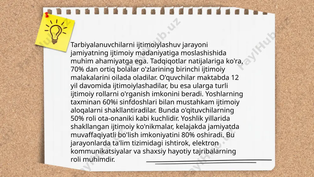 arbiyalanuvchilar orasida do'stlik va jamoaviy ishlar muhim o'rin tutadi. do'stlik bolalarda ijtimoiy ko'nikmalarni rivojlantiradi va o'zaro hurmatni oshiradi. o'zbekiston maktablarida 80% o'quvchilar turli guruh loyihalarida ishtirok etadi. jamoaviy ishlar orqali tarbiyalanuvchilar fikrlash qobiliyatlarini 30% ga oshirishi mumkin. shu bilan birga, 65% o'quvchilarda do'stlik munosabatlari ijobiy ta'sir ko'rsatadi. jamoaviy mashg'ulotlarda qatnashgan bolalar kelajakda ishchi jamoalarida muvaffaqiyatga erishish ehtimoli 50% yuqori. statistik ma'lumotlarga ko'ra, o'quvchilar do'stlik munosabatlari mustahkam bo'lganida, ularning akademik ko'rsatkichlari 20-30% yaxshilanadi. ... t.me/slaydai_bot 12. mehribonlik uyidagi tarbiyalanuvchilar uchun san'at va musiqaning ahamiyati katta. tadqiqotlar shuni ko'rsatadiki, san'at va musiqaga jalb qilish hissiy va ijtimoiy ko'nikmalarni rivojlantirishda yordam beradi. masalan, musiqa mashg'ulotlari o'quvchilarning matematik qobiliyatlarini 15% ga yaxshilashi mumkin. san'at terapiyasi esa stressni kamaytirib, o'z-o'zini ifodalashni 40% ga oshirishi aniqlandi. 12. mehribonlik uyidagi bolalar uchun bunday faoliyatlar aqliy va hissiy rivojlanishni yengillashtiradi va ularni jamiyatga yaxshiroq integratsiya qilish imkoniyatini beradi. shu tariqa, san'at va musiqa, tarbiyalanuvchilar hayotida muhim o'rin tutadi. …