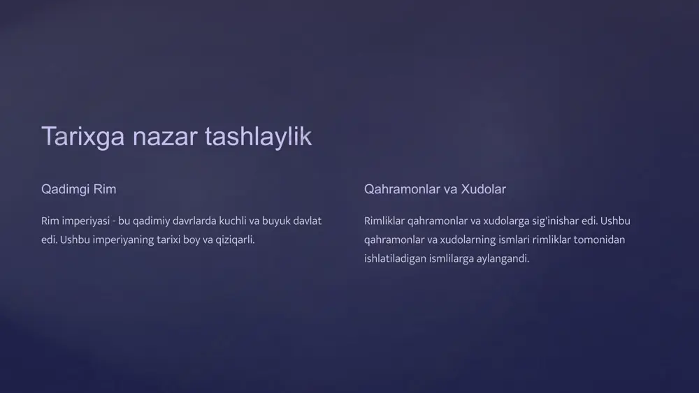 hni o'rganing 1 o'zingizni tanlang qaysi rim ismi sizga yoqadi? 2 o'ylab ko'ring sizga qanday ism mos keladi? 3 qaror qiling o'zingizga mos rim ismini toping. 10 rim ismlari: qiziqarli sayohat boshlandi! rim ismlari sizga o'zingizni yangicha ifoda etish va o'zingizga mos nomni topishga yordam beradi. hozir o'zingizga mos rim ismini tanlang va o'ziga xos bo'ling! 11 image2.jpeg image3.jpeg image4.jpeg image5.png image6.png image7.png image8.png image9.png image10.png image11.png image12.png image13.png image14.png image15.png image16.png image17.png image18.png image19.png image20.png image21.png