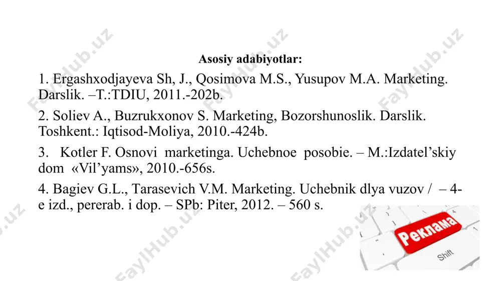 vositalardan foydalanish. «reklama haqida»gi qonun reklamani ishlab chiqish va tarqatish bilan bog’liq bo’lgan munosabatlarning huquqiy ta’minotini tartiblashtiradi. uning asosiy maqsadi shundan iboratki, reklama vositasida huquqiy yoki jismoniy shaxslarga zarar etkazishi mumkin bo’lgan, iste’molchilarni mahsulotning tayyorlanish harakteri, usullari va joylari, iste’mol xususiyatlari, sifatlari yoki mahsulotning boshqa tavsiflari, uni realizasiya qilish shartlari haqidagi yolg’on yoki noaniq, shuningdek, jamoatchilik manfaatlariga va fikrlashiga ta’sir qilishi mumkin bo’lgan ma’lumotlar tarqatilishining oldini olish kerak. har bir reklama vositasi afzalliklarga ham, kamchiliklarga ham ega. boshqa tomondan ularning xarajatlari har xil va iste’molchiga ta’sir etish kuchi bir xil emas. demak, reklama vositalarini tanlashda ko’pgina omillarni, ularning o’zaro aloqasi va pirovard natijaga ta’siri darajasini hisobga olishga to’g’ri keladi. ular orasida eng muhimi bo’lib maqsadli auditoriyaning muayyan ommaviy axborot vositalariga moyilligi, tovarning tabiati, murojaatlarning turlari, tarqatish vositalarining qiymati va hokazolar hisoblanadi. har bir korxona reklamani berish xususiyati haqidagi qarorni muayyan vaqt ichida qabul qiladi (yil, chorak, oy va hokazo). reklama …