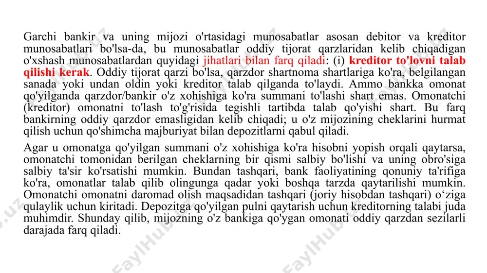 ga o'xshash tarzda qo'yilmasligi kerak. banklarning omonatlari uch toifaga bo'linadi: (1) talab qilib olgunga qadar depozitlar mijozlar talabiga ko'ra qaytarilishi mumkin. bularga quyidagilar kiradi: – joriy hisobvaraqdagi depozitlar – omonat depozitlari (2) muddatli depozitlar mijozlar bilan bankir o‘rtasida kelishilgan muddatlarda to‘lanishi lozim. bularga quyidagilar kiradi: muddatli depozitlar; - takroriy depozitlar. (3) gibrid depozitlar yoki moslashuvchan depozitlar talab qilinadigan va muddatli depozitlarning xususiyatlarini birlashtiradi. ushbu depozitlar so'nggi paytlarda ba'zi banklar tomonidan mijozlarning moliyaviy ehtiyojlari va qulayliklarini yaxshiroq qondirish uchun joriy qilingan va turli banklarda turli nomlar bilan mashhur. bankning talab qilinadigan va muddatli depozitlari uning talab va muddatli majburiyatlarini tashkil etadi, ular bank har hafta (har juma kuni) rbga hisobot beradi. talab qilinadigan depozitlar. (a) joriy hisob: joriy hisob - bu istalgan vaqtda operatsiya qilinishi mumkin bo'lgan faol ishlaydigan hisob. joriy hisobvaraqdan pul mablag'larini olish vaqti va miqdori bo'yicha hech qanday cheklovlar yo'q. joriy hisobvaraqlar jismoniy shaxslar, xo‘jalik yurituvchi sub’ektlar, muassasalar, …
