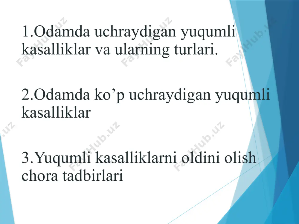 uruhga bo'linadi: antropozoonozlar-bu kasalliklar hayvonlarda va odamlarda uchraydi. odamlarga infeksiya hayvonlardan yuqadi antroponozlar-bu kasalliklar faqat odamlarda uchraydi va ular bilan hayvonlar kasallanmaydi ichburug gepatit oits o’lat brusellyoz o'lat qutirish kuydirgi v a b o vabo-o’tkir infеktsion kasallik bo’lib, mеda ichak yo’lini zararlanishi, suv-tuz almashinuvini buzilishi va organizmning suvsizlanib qolishi bilan ta'riflanadi. xindiston va bangladesh vaboning epidemic o`chog`i sanaladi . vaqti vaqti bilan kasallik qo`shni davlatlarga hatto qit’alarga tarqalib, katta epidemiya va pandemiya beradi. 1817-yildan 1925- yilagacha bo`lgan davrda yer yuzida vaboning 6ta pandemiyasi kuzatilgan. 1965-tildan boshlab vaboning yangi 7-pandemiyasi kuzatilgan. jumladan 1965-yilda qoraqalpog`iston va xorazmda ham vabo epidemiyasi kuzatilgan. klinikasi vabo vibrioni organizmga og`iz orqali kiradi. unga birinchi to`siq oshqozonning kislotali muhiti sanaladi. tana harorati 37 – 38 c gacha ko`tariladi. odatda kasallik sababsiz ich surishi va oyoq qo`llarning darmonsislanasi bilan boshlanadi. bir necha soatdan so`ng hojatga borish ko`payib najas guruch yuvindisi ko’rinishda bo’ladi. ko`pchilik holatlarda qusish ham kuzatiladi. qusish …