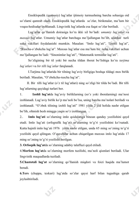 tilining izohli frazeologik lug’atida frazeologik birliklar (iboralar) izohlanadi. sh.rahmatullayevning “o’zbek tilining izohli frazeologik lug’ati” 1978 yilda tuzilgan. 9.sinonimlar lug’atida sinonimlar izohlanadi. 10.omonimlar lug’atida omonimlar izohlanadi. 11.antonimlar lug’atida antonimlar ( qarama-qarshi ma’noli so’zlar) beriladi. 12.dialektal lug’atda o’zbek tilining dialekt va shevalariga xos bo’lgan so’zlar qayd etiladi. 13. terminologik lug’atda terminlar izohlanadi. 14. etimologik lug’atda so’zlarning kelib chiqishi, shakllanish tarixi yoritiladi. «o’zbek tilining etimologik lug’ati» 2000 yilda prof. sh. rahmatullayev tomonidan yaratildi. “o’zbek tilining izohli etnografik lug’ati”, “qo’shma so’zlar lug’ati” hali yaratilmagan. etimologiya etimologiya so’zlarning kelib chiqishi, shakllanish tarixini o’rganuvchi bo’lim. so’zlarning kelib chiqishini o’rganish quyidagilarda ahamiyatli: 1) so’zlarning lug’aviy ma’no ko’lamini yoritishda. 2) so’z o’zagini aniqlashda. 3) tilning tarixiy taraqqiyoti davomidagi o’zgarishlarni tahlil qilishda. masalan: dehqon so’zi yer ochib, ekin o’stiruvchi qishloq odamini bildiradi. bu so’z asli tojikcha bo’lib, deh-“qishloq”, qon- xon-hokim degan ma’nolarni bildiradi. qadimda mayda yer egalarini dehqon deyishgan. hozirda ”ekin-tikin ishlari bilan shug’ullanadigan odam” tushunchasini beradi. mehnat so’zi …